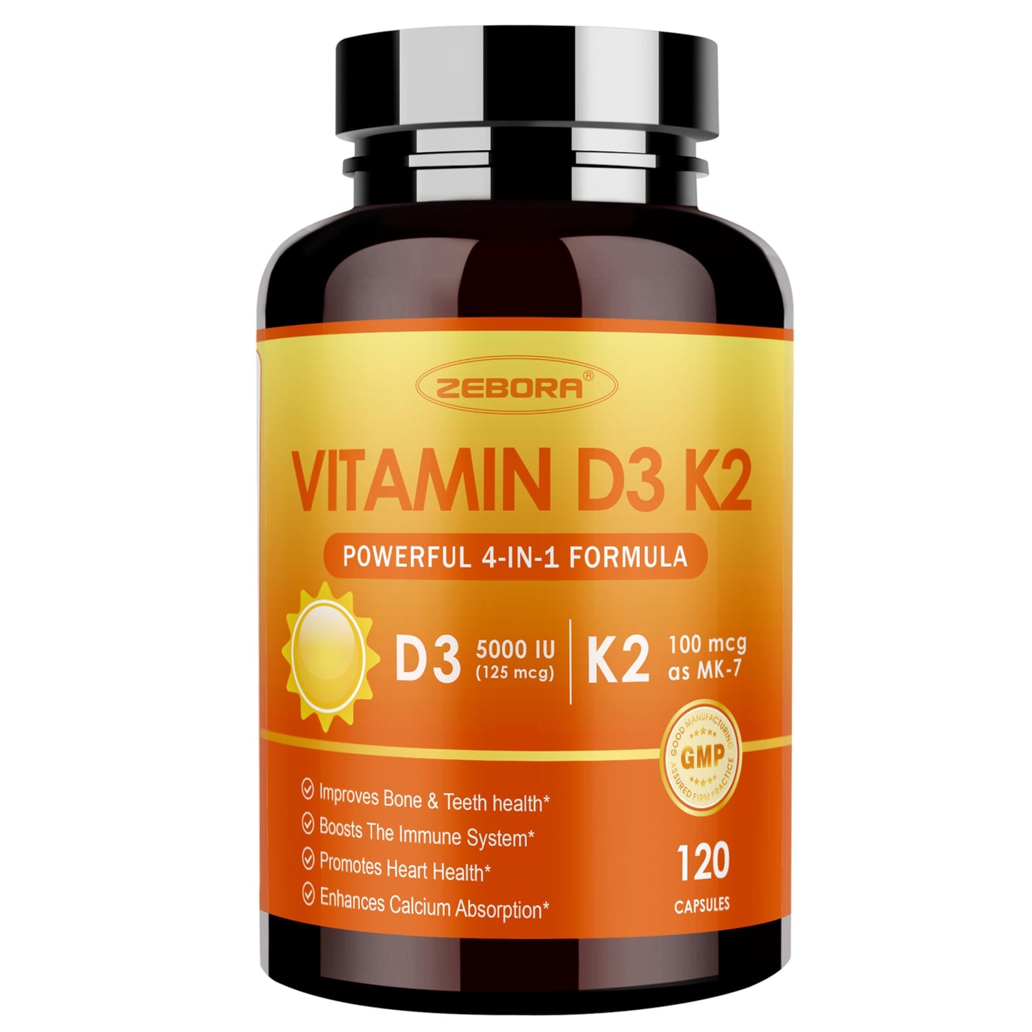 ZEBORA Vitamin D3+K2-5000 IU Vitamin D3 + 100 mcg K2 MK-7 Capsules, 120 Count