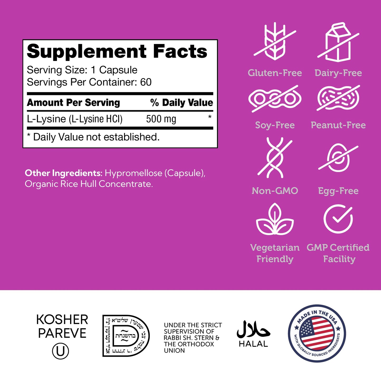 Zahler L-Lysine 500mg Freeform L-Lysine Supplement Kosher Capsule 60 Capsules