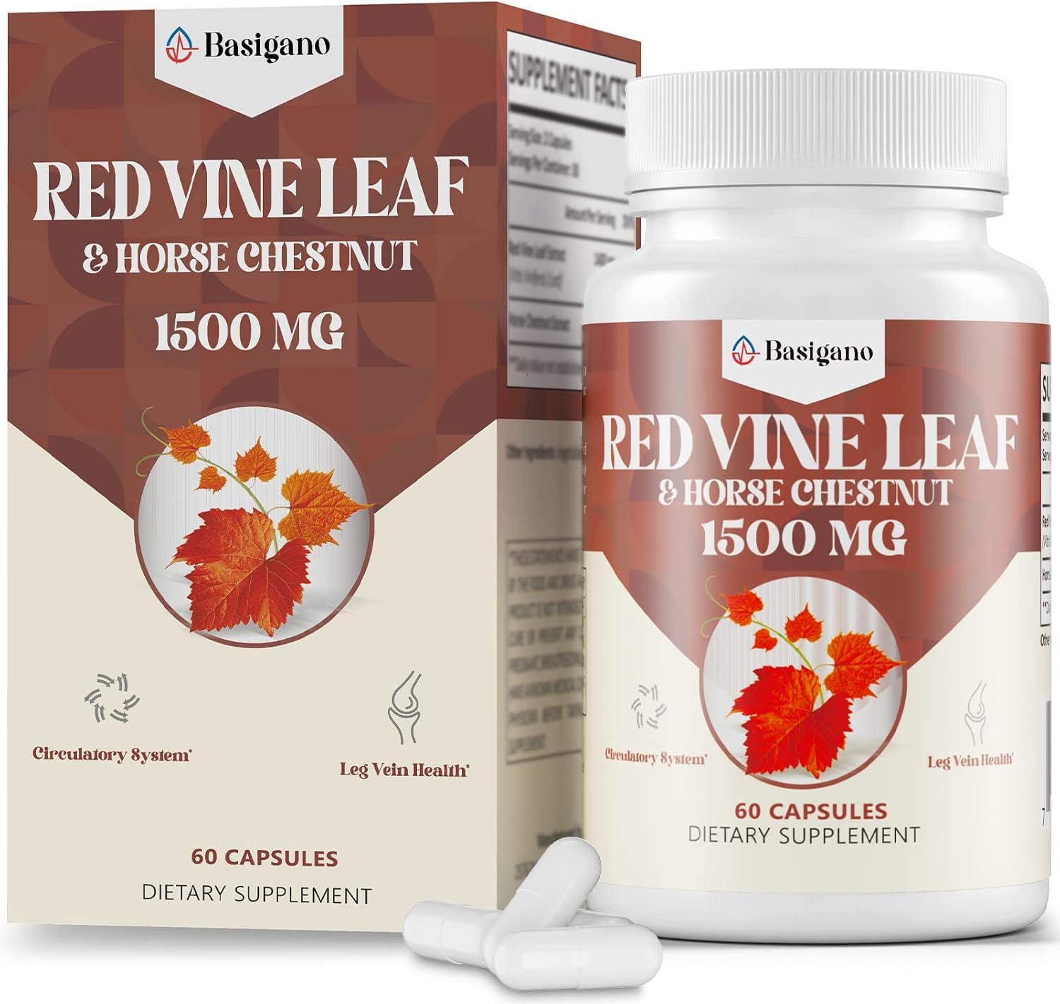 Basigano Red Vine Leaf & Horse Chestnut Extract 1500mg Capsule, 60 Count