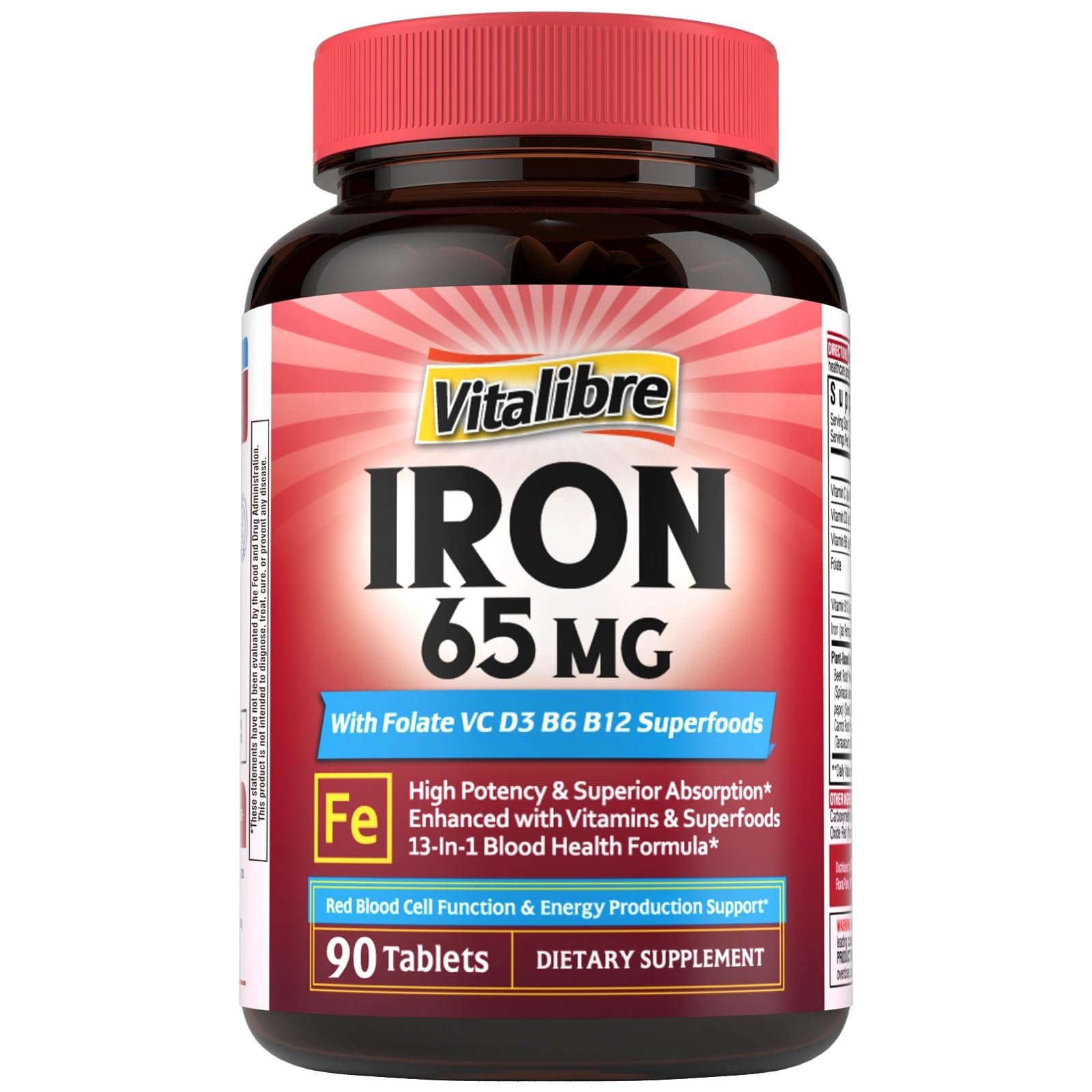 Vitalibre Iron Supplement for Women & Men, 65 mg Ferrous Sulfate with Vitamin C, Tablet, 90 Count
