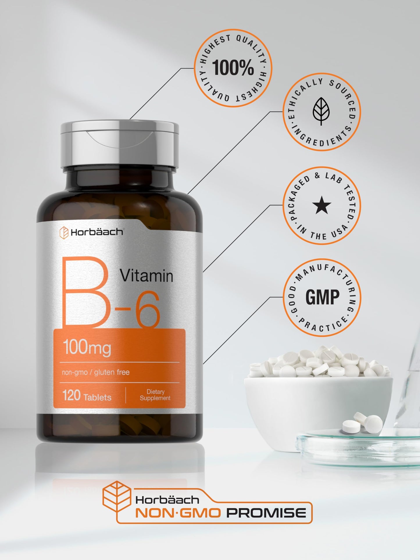 Horbäach Vitamin B6 100mg Pyridoxine HCl, 120 Tablets