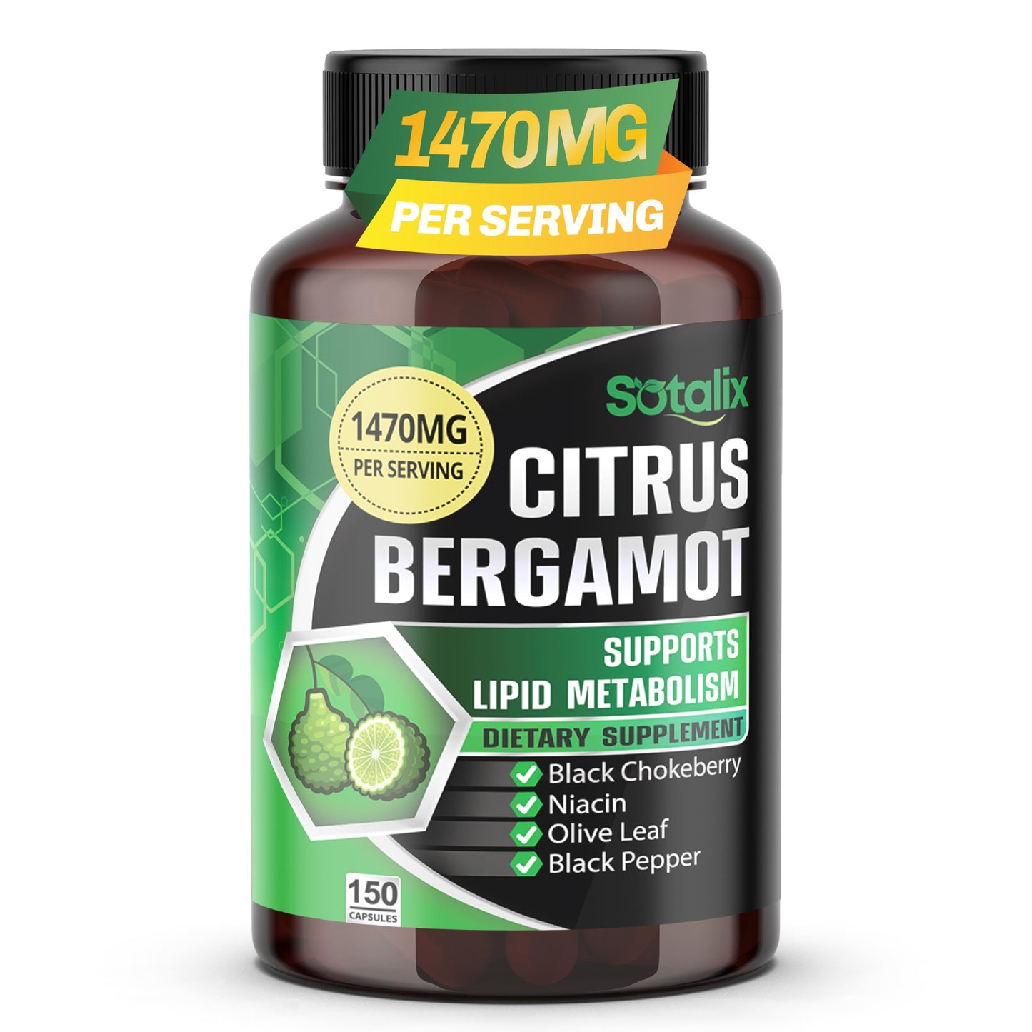 Sotalix Supplement Citrus Bergamot 1470 mg with Black Chokeberry, Niacin, Olive Leaf & Black Pepper Capsule, 150