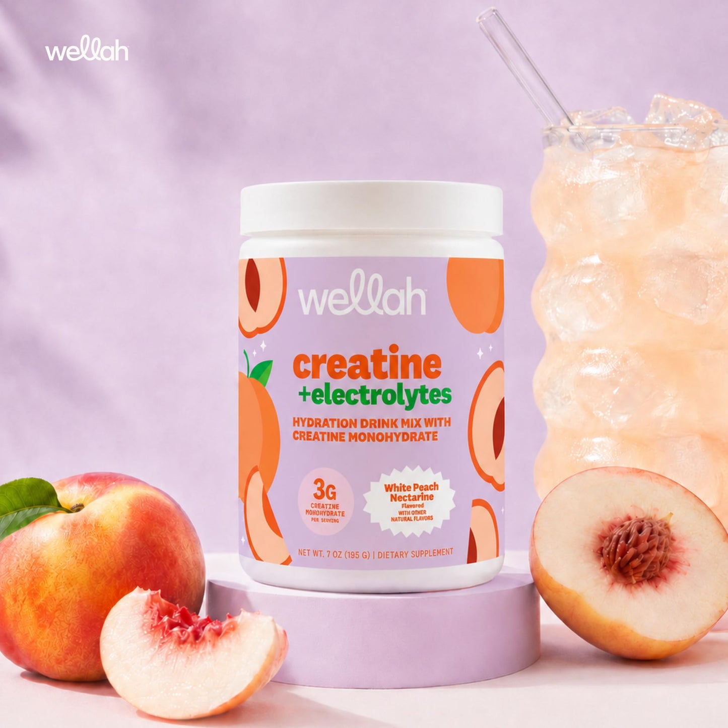 Wellah Creatine + Electrolytes Powder (White Peach Nectarine), 7.3 Ounce