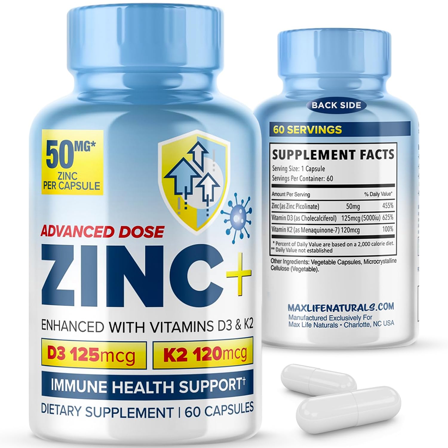 MAXLIFE NATURALS Zinc Picolinate 50mg D3 K2 Capsules, 60 Count