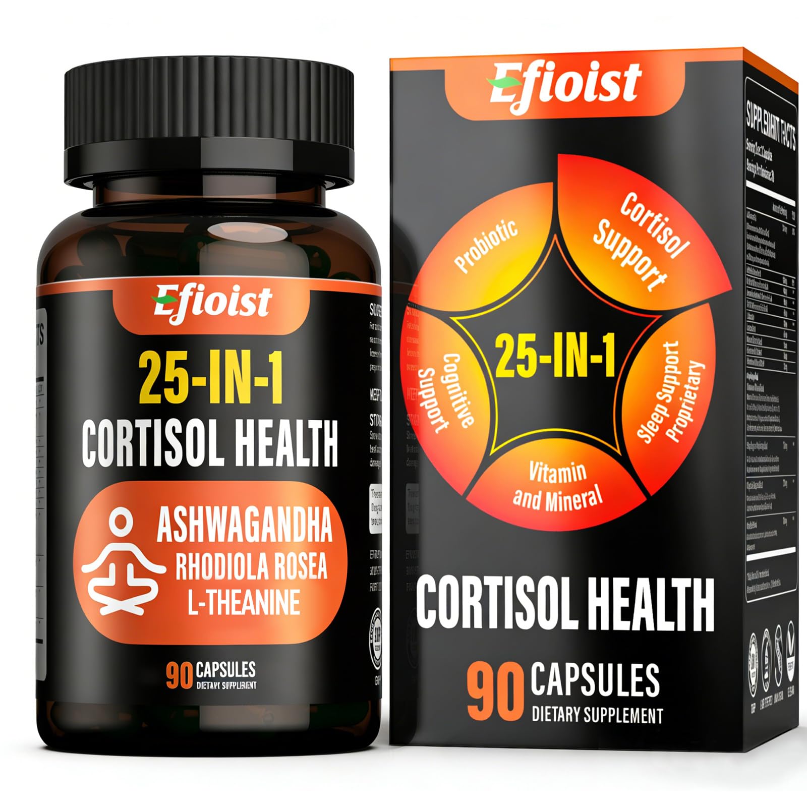 Efioist Cortisol Supplement for Women & Men, 25-in-1 Cortisol Reducer, Cortisol Manager with Ashwagandha, Rhodiola Rosea, L-Theanine, 90 Capsules