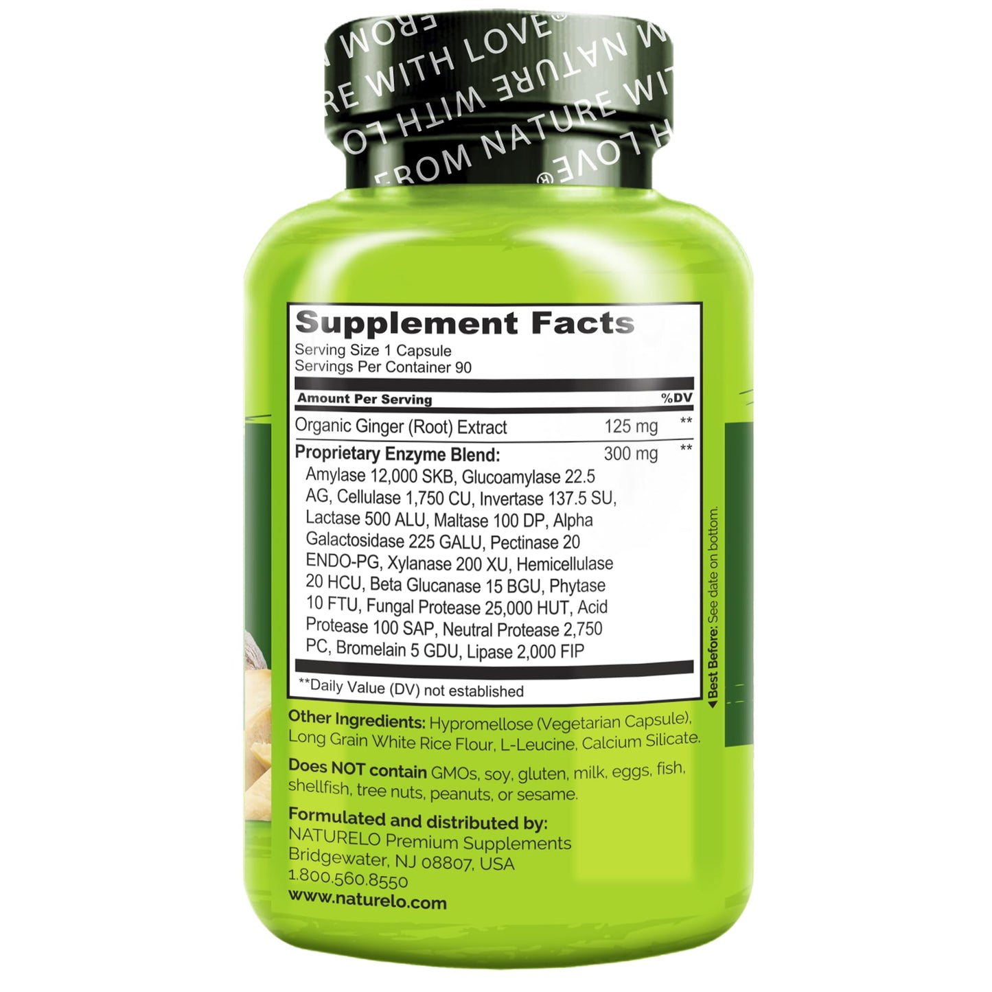 NATURELO Digestive Enzymes - Full Spectrum Support with a Broad Blend of 15 Enzymes Plus Ginger, 90 Capsules