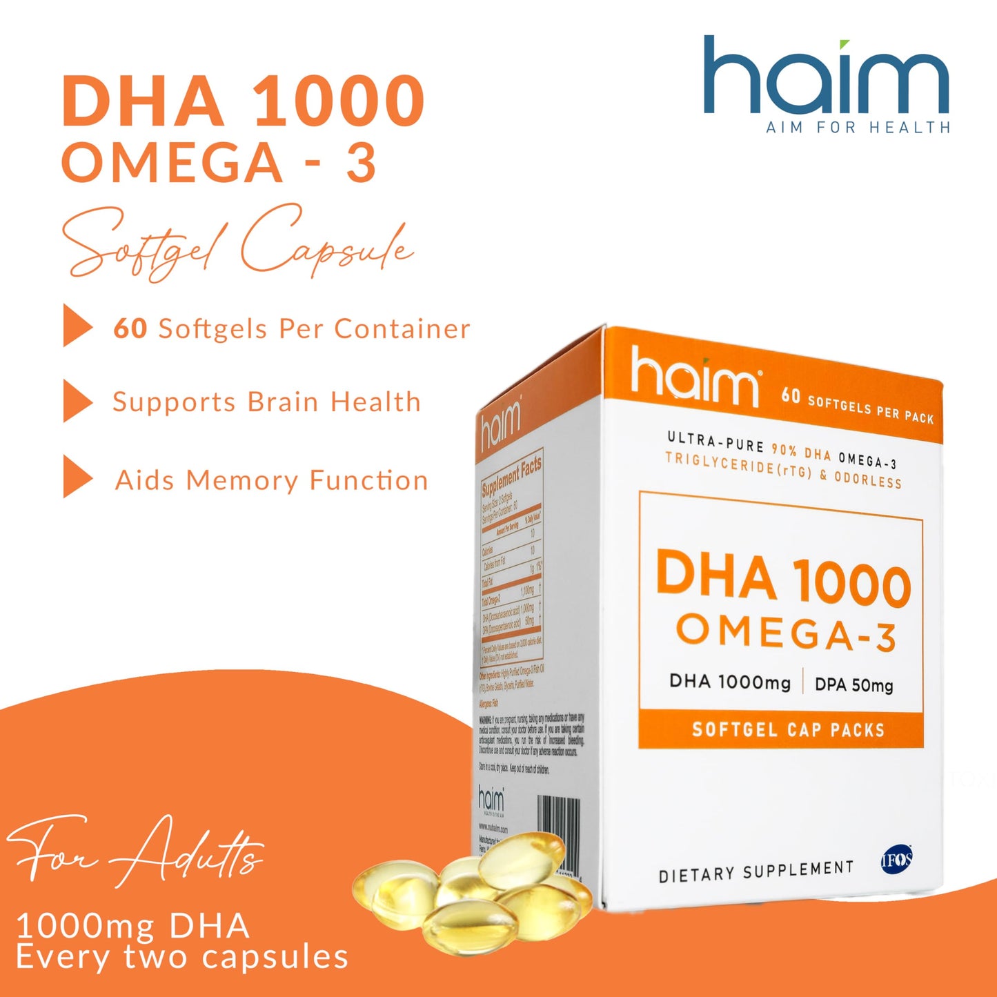 HAIM DHA 1000 Omega-3 Fish Oil Softgels 60 Count