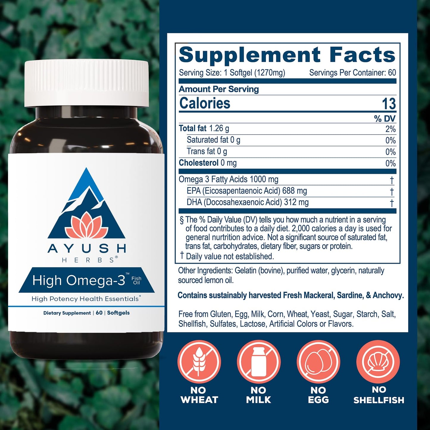 Ayush Herbs High Omega 3 1000mg Per Capsule Lemon Flavor, 60 Capsules