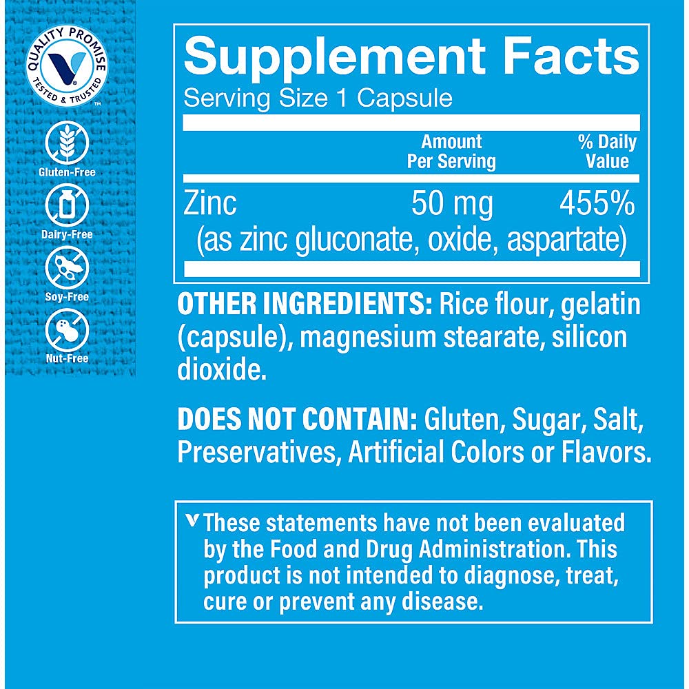 The Vitamin Shoppe Zinc 50MG - Immune Support, Skin Health & Antioxidant Protection, Essential Mineral Capsules, 100 Count