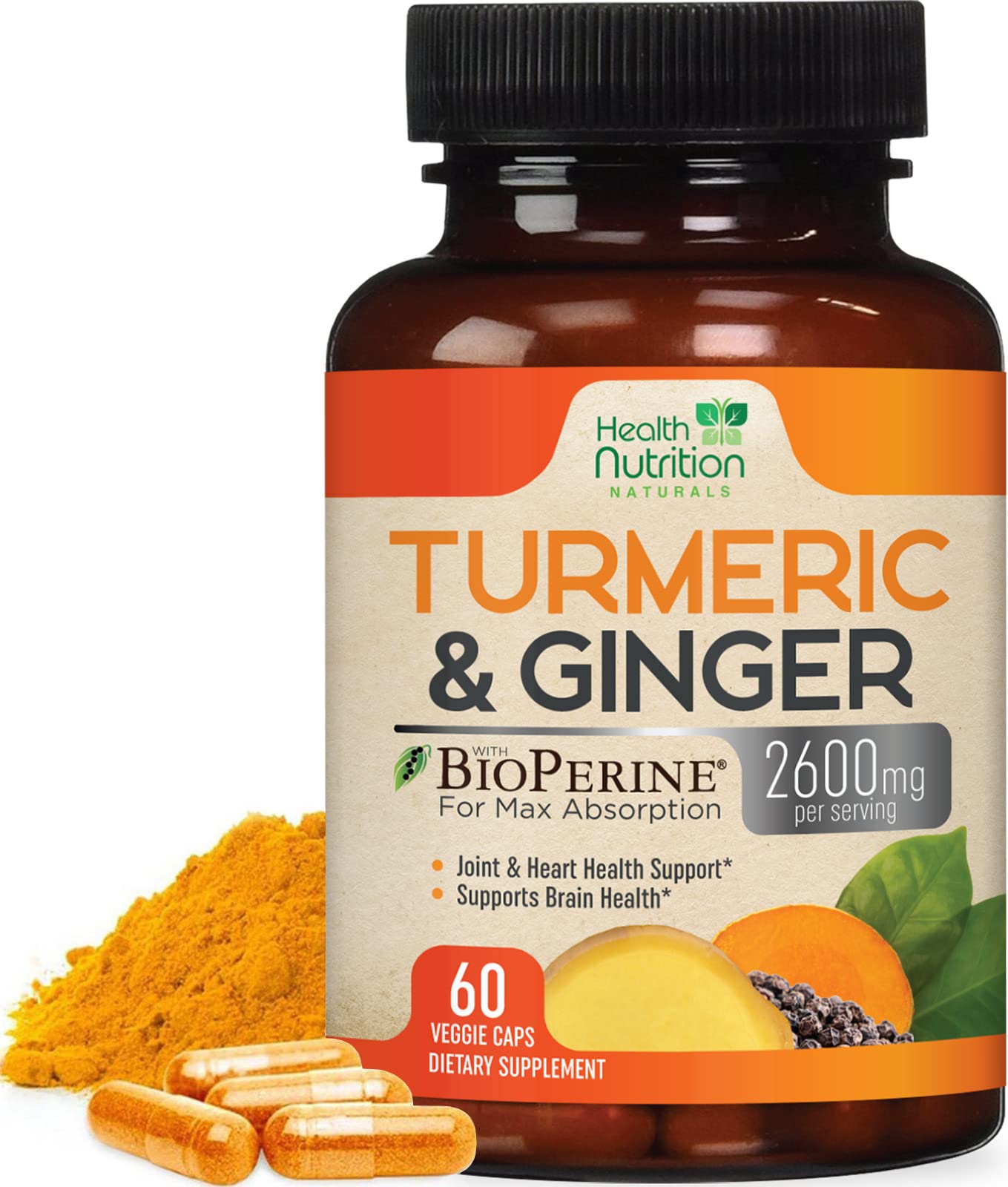 Health Nutrition Naturals Turmeric Curcumin Supplement - 2200mg, 95% Curcuminoids, 60 Capsules