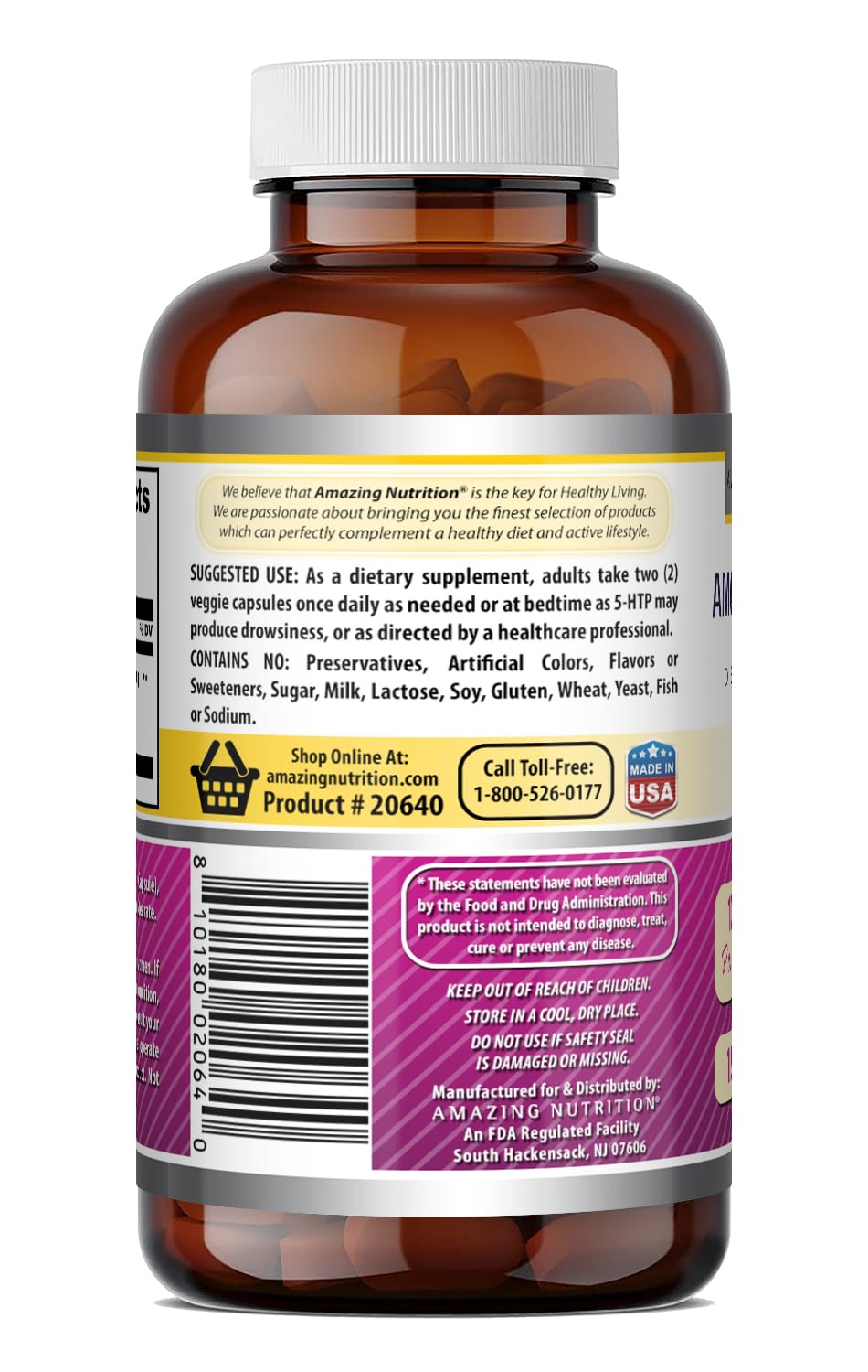 Amazing Nutrition 5-HTP (Hydroxytryptophan) Supplement Capsules, 120 Count