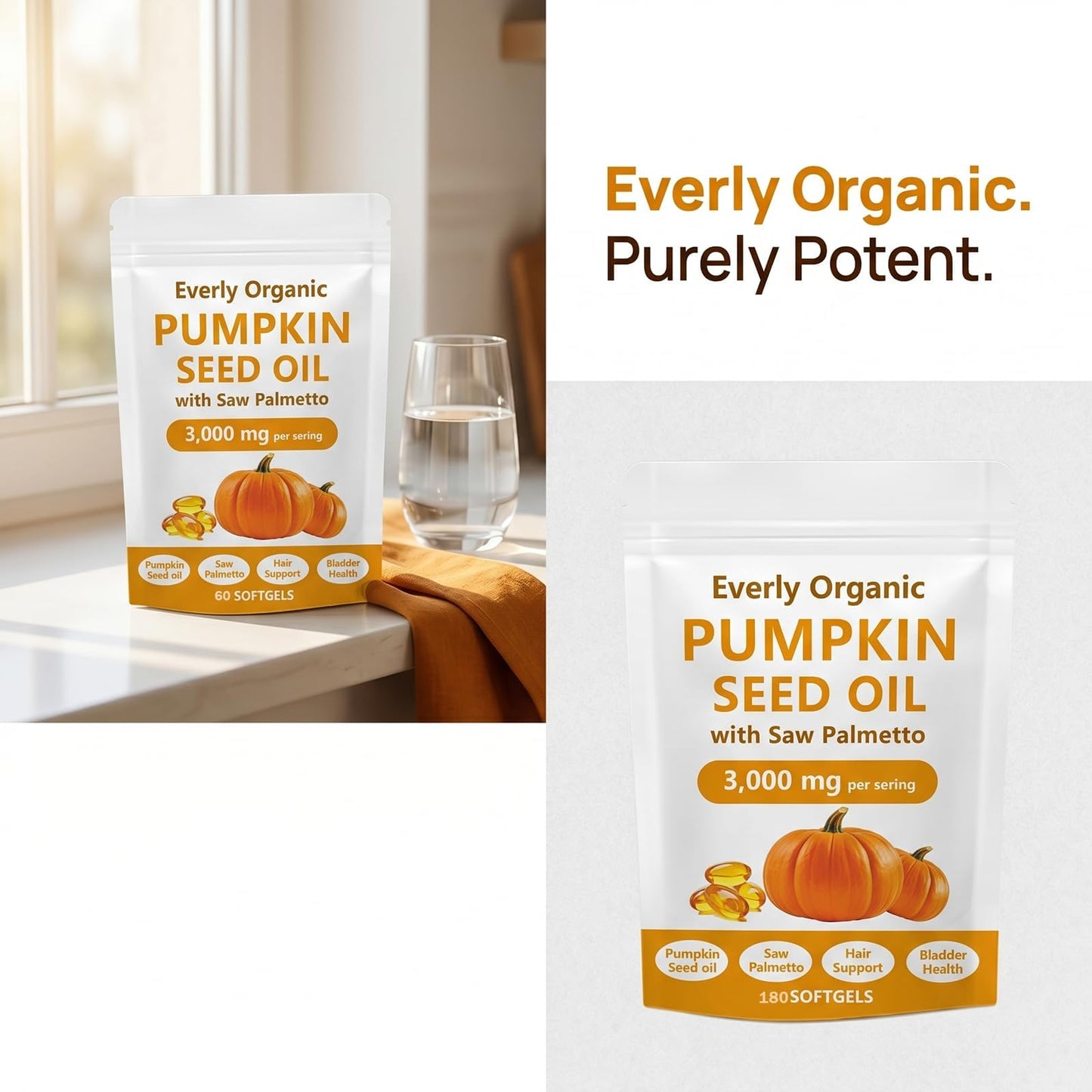 Everly Organic Pumpkin Seed Oil with Saw Palmetto Softgels, 60 Softgels