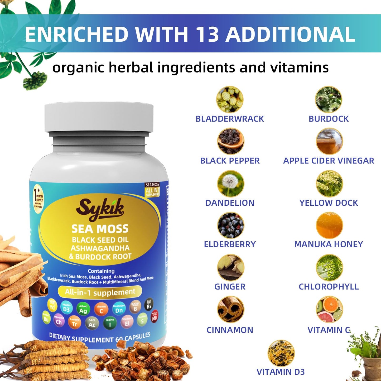 Sykik Sea Moss Black Seed Oil with Ashwagandha, Turmeric, Bladderwrack, Burdock, Vitamins C & D3, Elderberry, Manuka, Dandelion, Yellow Dock, Iodine, Chlorophyll, ACV Capsules 60 Count