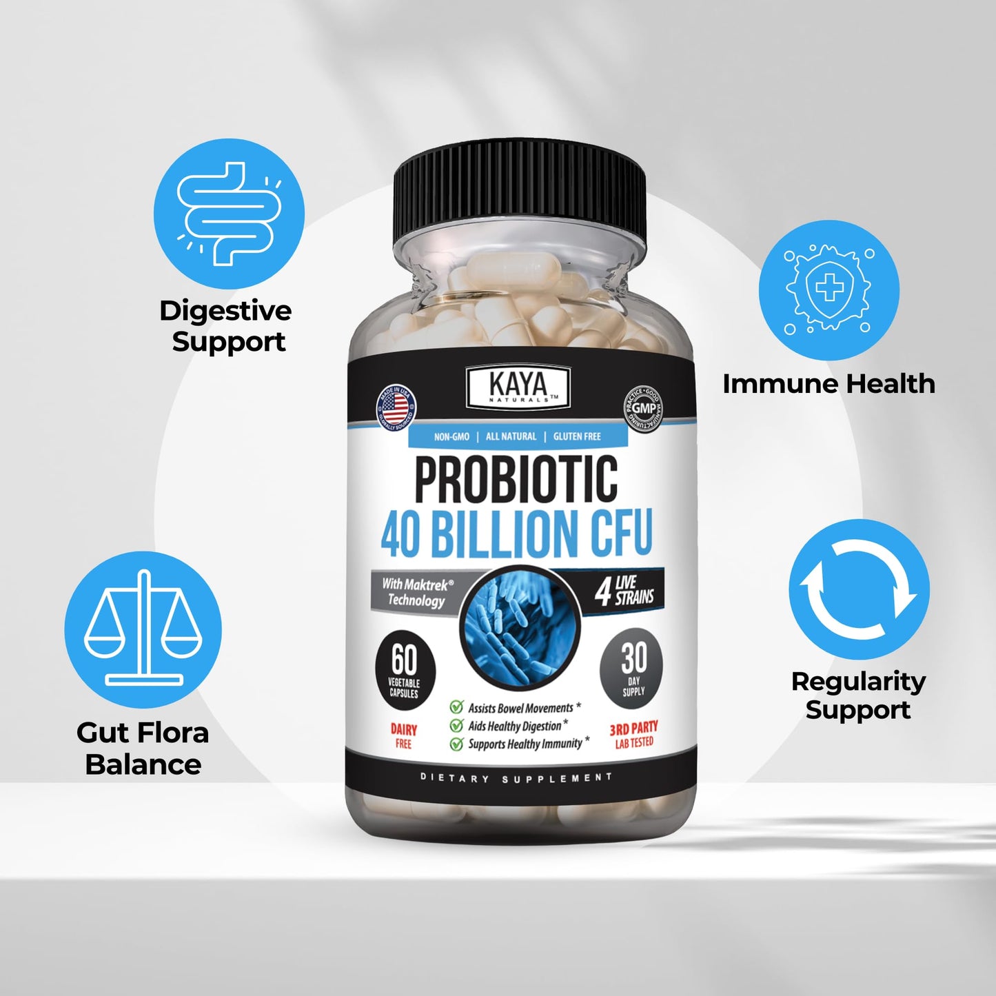 Kaya Naturals Probiotic 40 Billion CFU, Prebiotic, 4 Strains, 60 Capsules