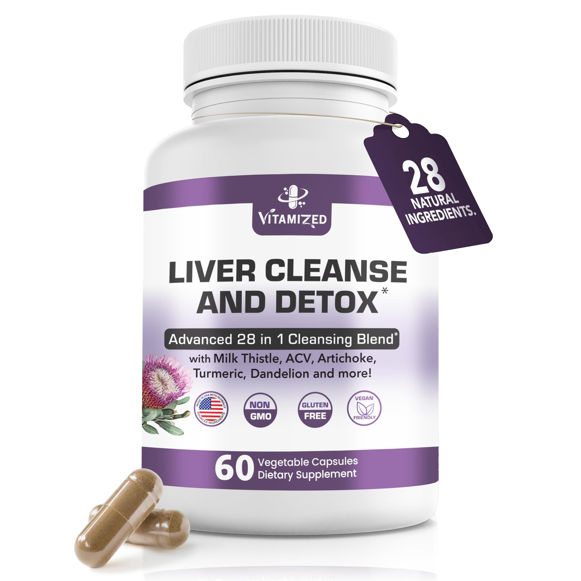 VITAMIZED Liver Cleanse Detox & Repair Fatty Liver Supplements 28-in-1 Advanced Herbal Liver Health Supplement Formula - Milk Thistle Silymarin, Artichoke Extract, Dandelion & Apple Cider Vinegar, 60 Capsules