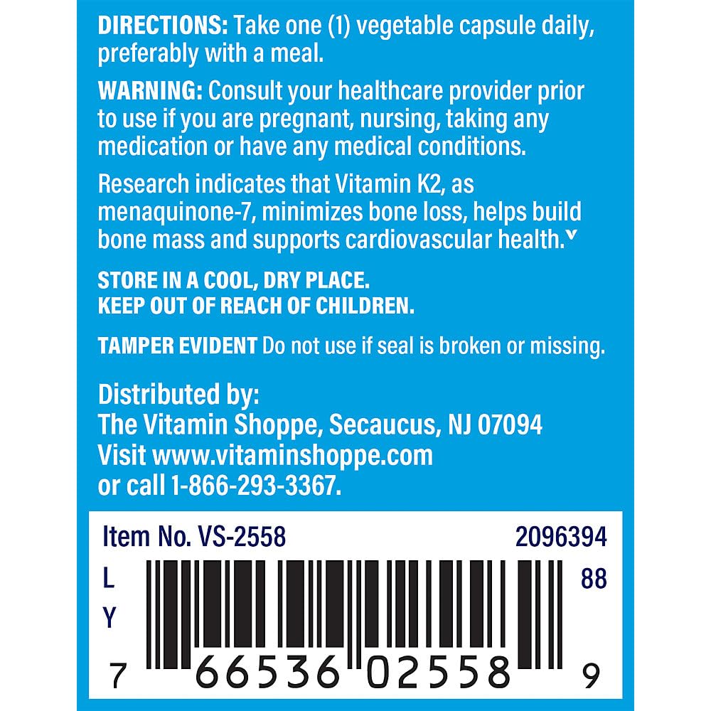 The Vitamin Shoppe Vitamin K2 MK-7 100 MCG - Bone Density & Arterial Health, Menaquinone-7, Vegan 90 Vegetarian Capsules