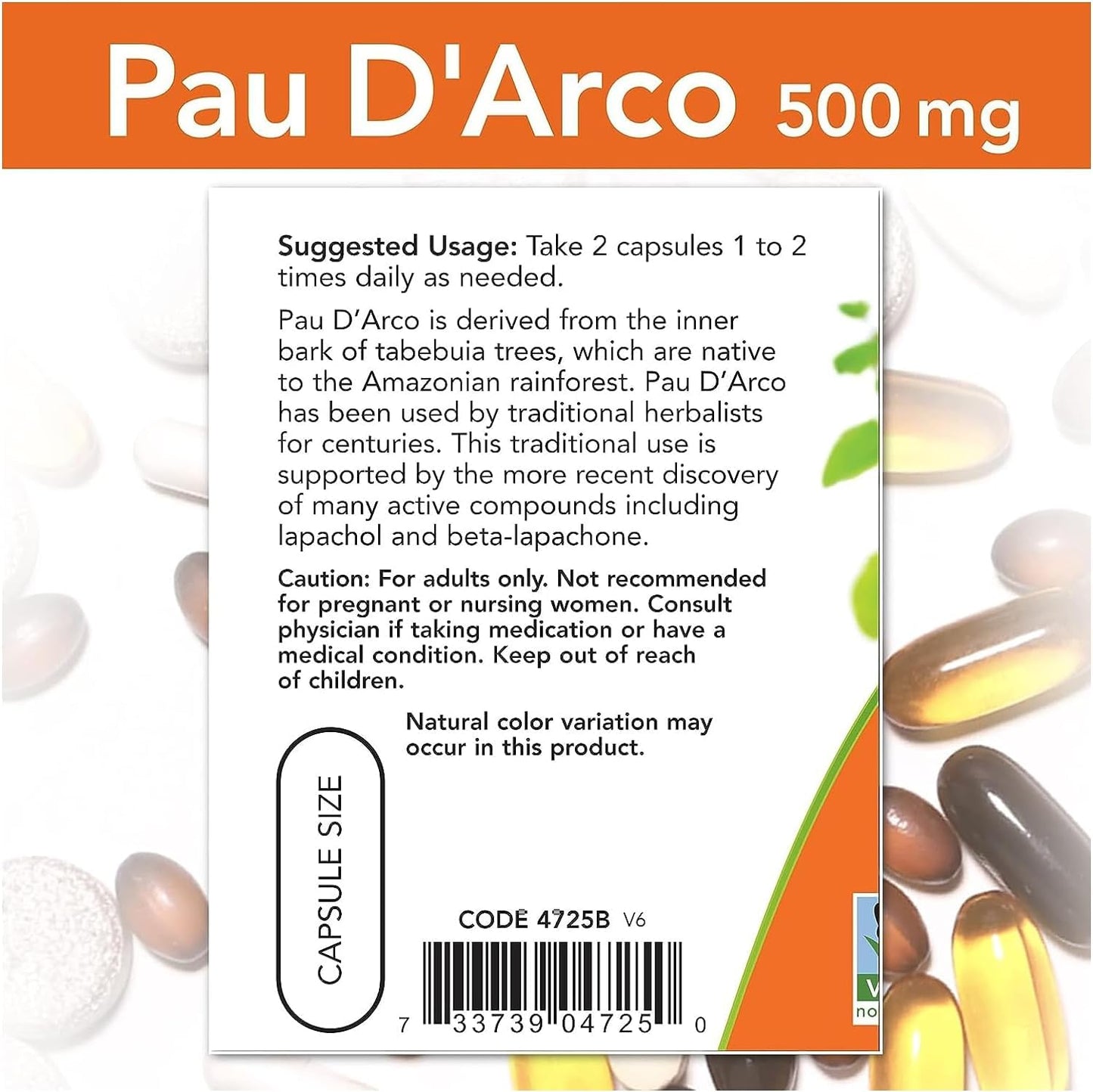 NOW Foods Pau D'Arco 500 mg, 100 Capsules