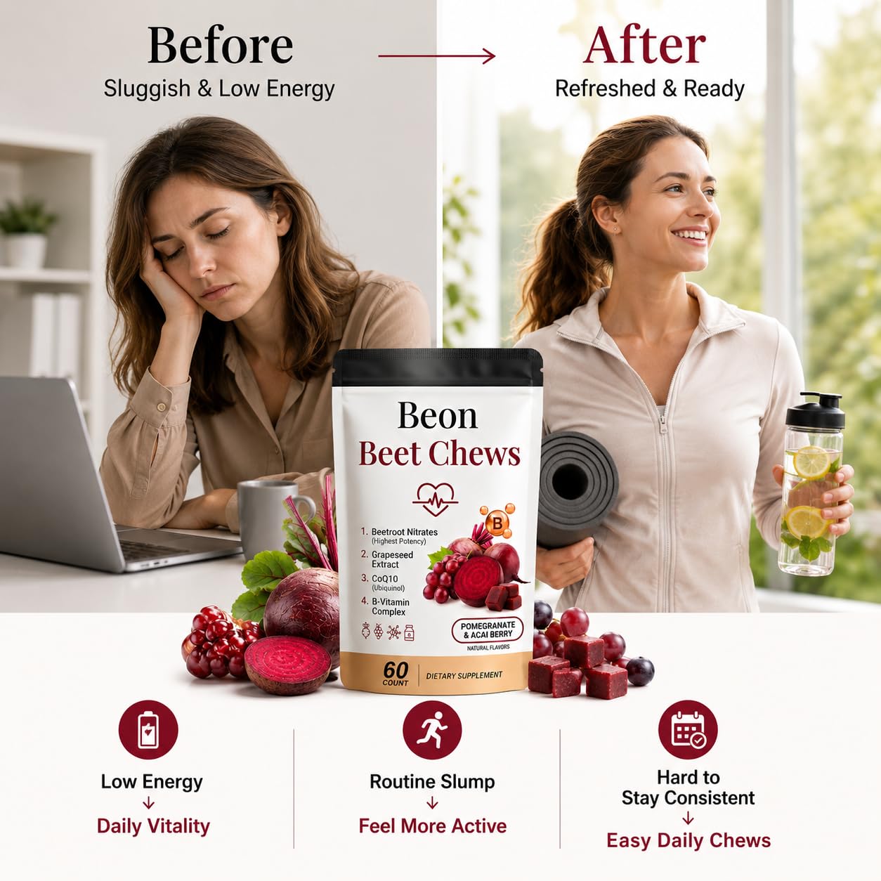 puyode Beon Beet Chews Gummies with Grape Seed & L-CoQ10 for Calm Mood, Free Vegan, 60 Chews