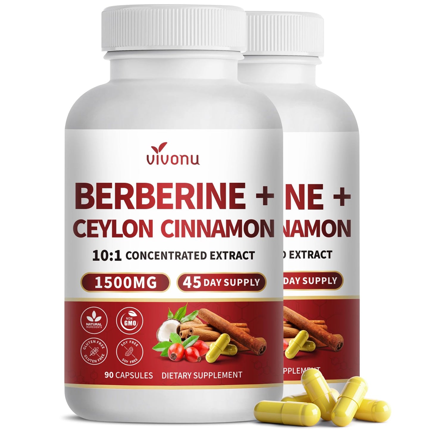 VivoNu Berberine with Ceylon Cinnamon Berberine HCL 1200mg, 1 Capsule
