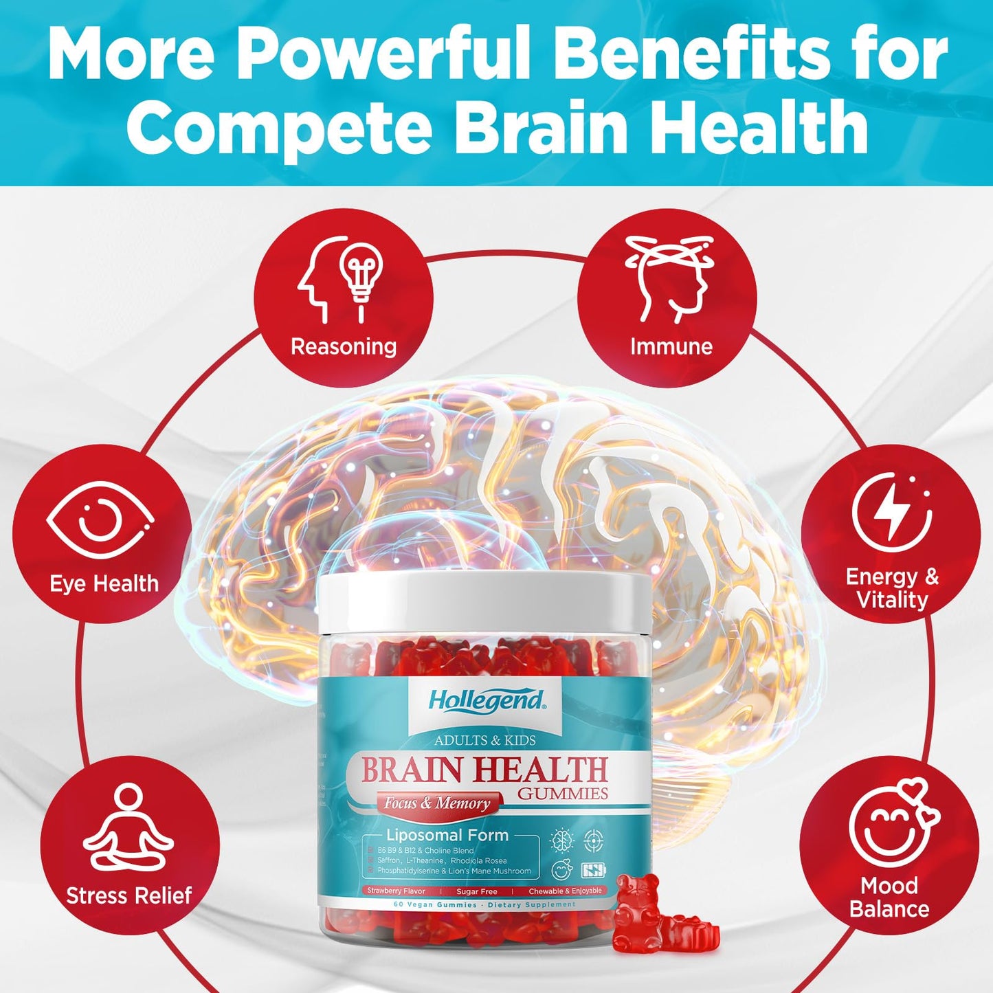 HOLLEGEND Brain Supplement Gummies with Choline, Lion’s Mane, Phosphatidylserine & More, Memory & Focus Support, Vegan, Sugar Free, Organic, 60 Gummies