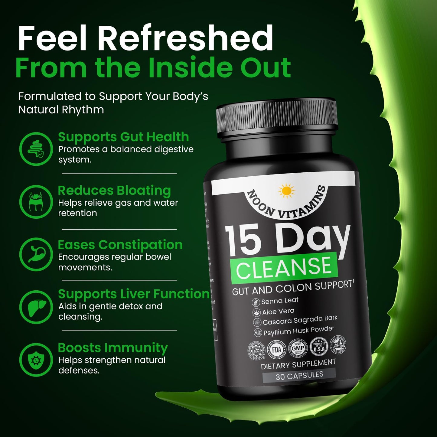 NOON VITAMINS 15-Day Colon Cleanse & Gut Detox – Natural Probiotic Cleanser with Senna Leaf, Psyllium & Aloe – Halal for Men & Women – Supports Digestive Health, Regularity & Bloating Relief – Capsules, 30 Count