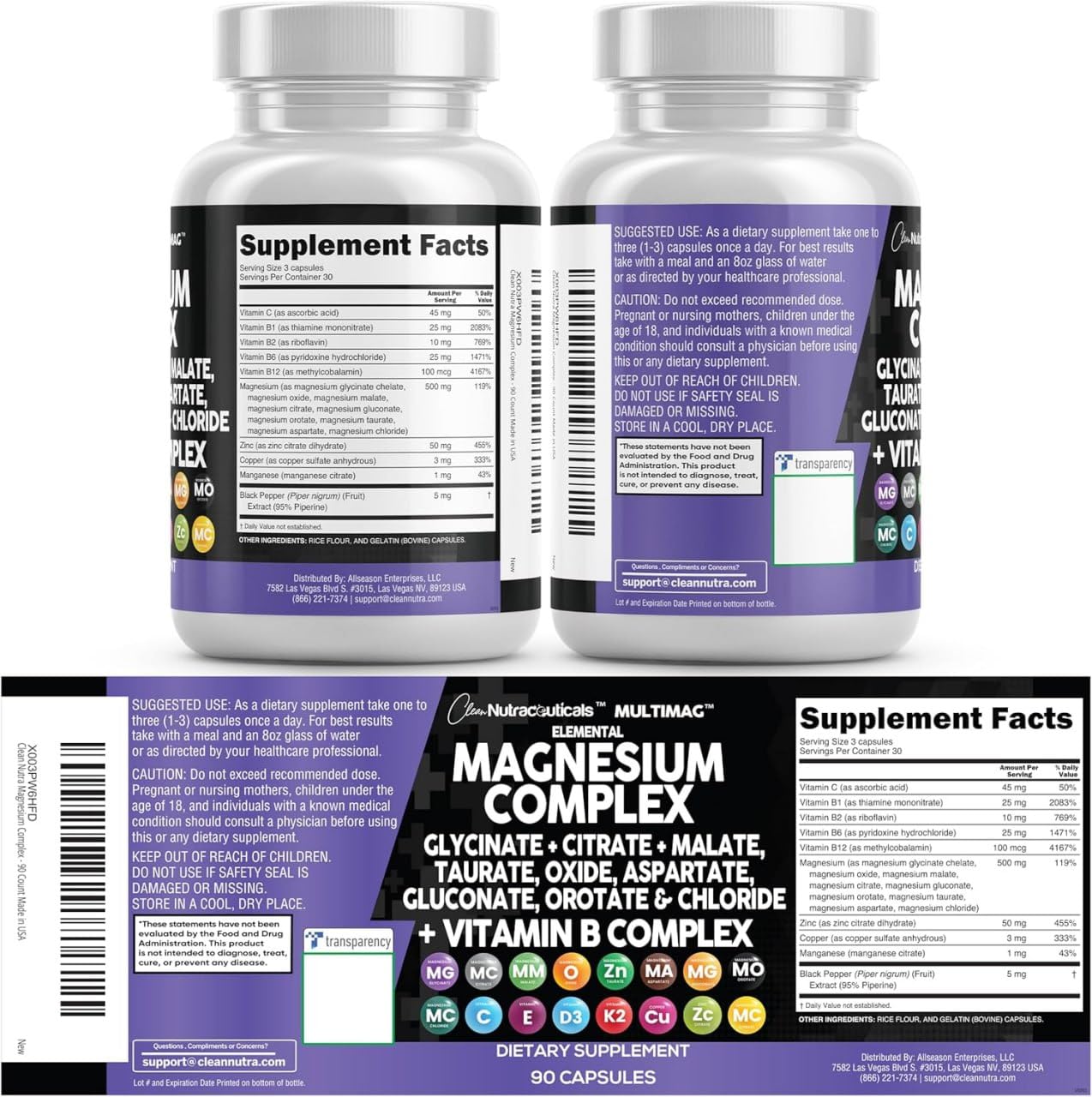 Clean Nutraceuticals Magnesium Complex with Magnesium Glycinate Citrate Malate Oxide Taurate Aspartate Orotate & Mag Chloride, Zinc Copper Manganese & Vitamin C B1 B2 B6 B12 Complex Capsules, 90 Count