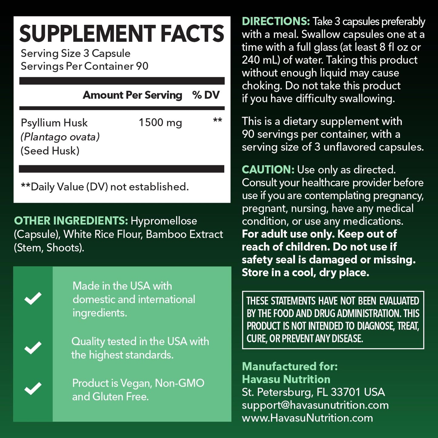 HAVASU NUTRITION Vegan Psyllium Husk Fiber Capsules, 270 Count