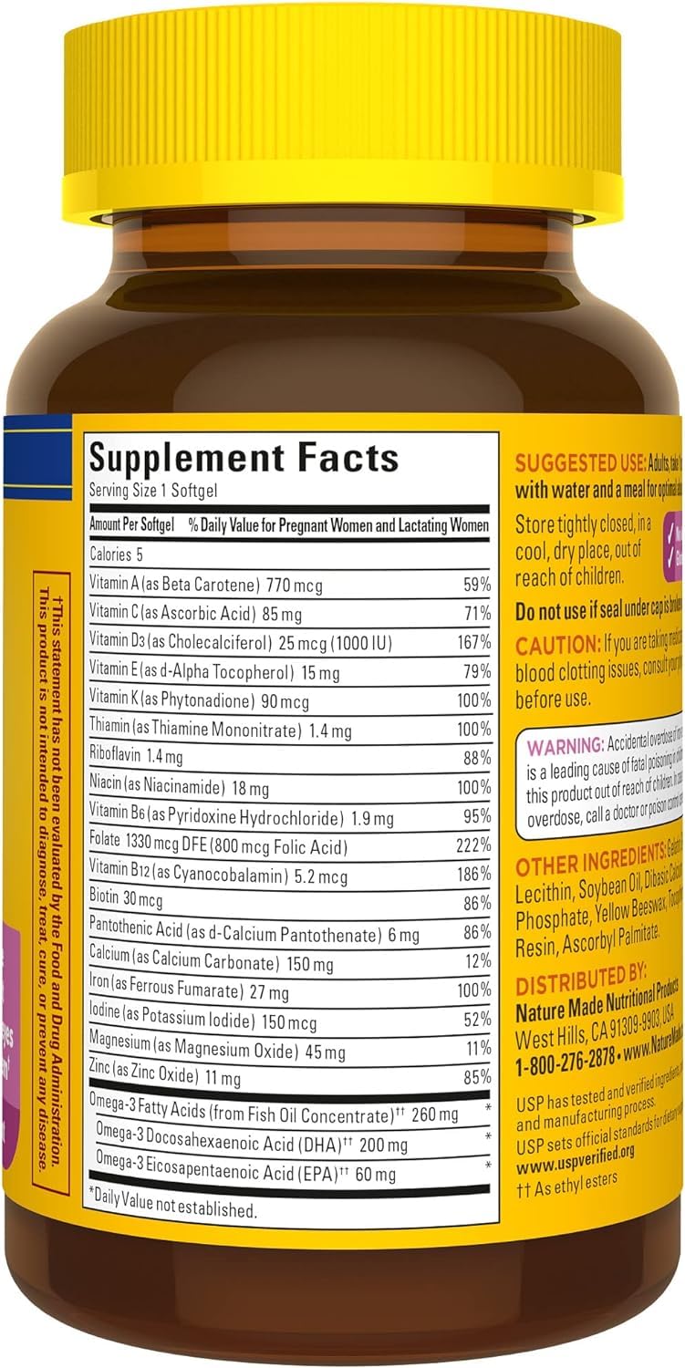 Nature Made Prenatal Vitamin + DHA Softgels with Folic Acid, Iodine and Zinc, 60 Softgels