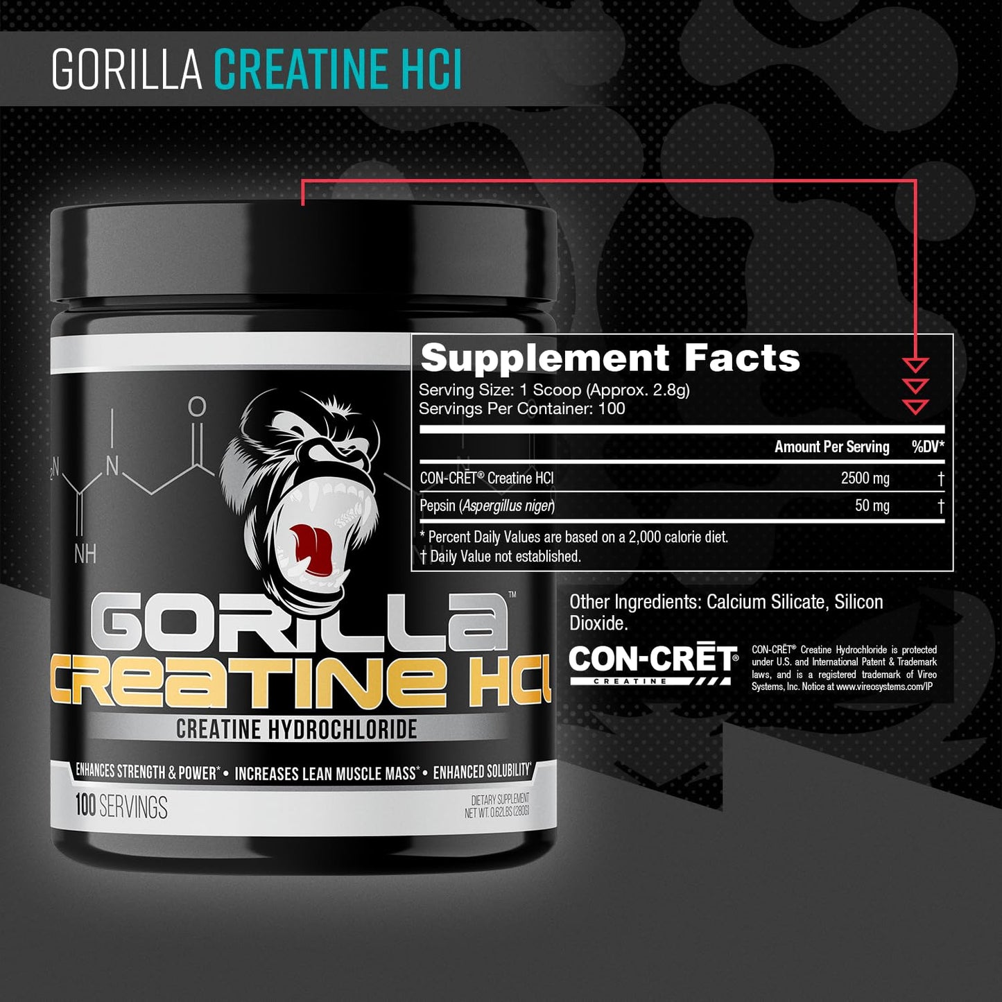 Gorilla Mind CON-CRĒT Creatine HCl W/Pepsin Unflavored Powder, 9.9 oz