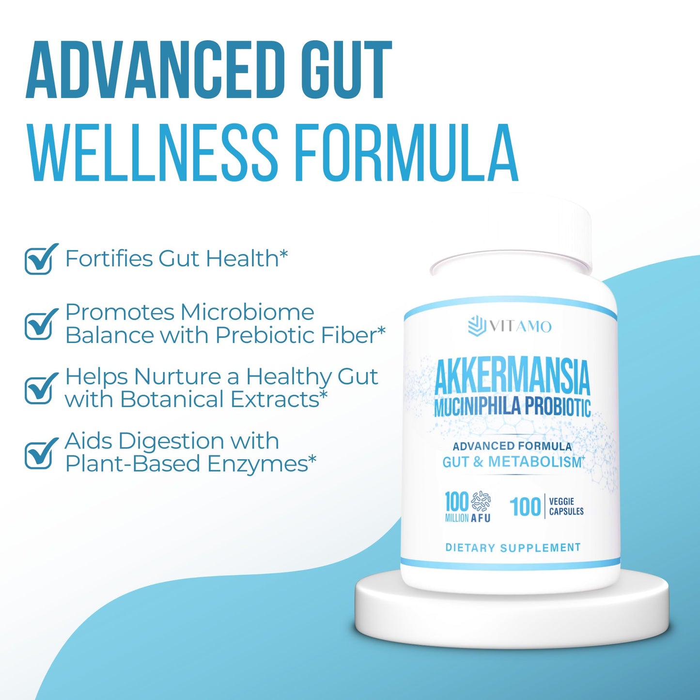 Vitamo Akkermansia Muciniphila Probiotic Supplement - 100 Million AFU, Metabolic & Digestive Health, Made in USA, 100 Capsules