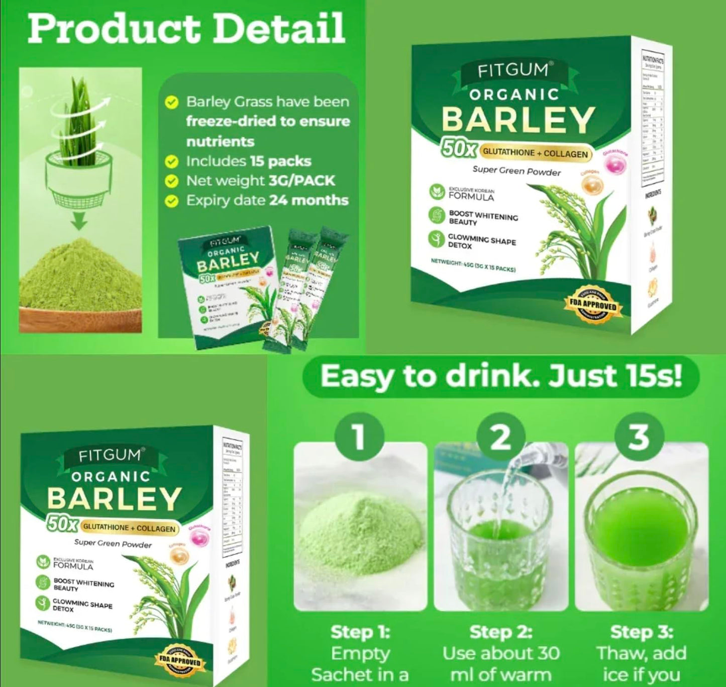 Generic FIT Gum Organic Barley 50X Glutathione & Collagen Super Green Powder, 1.57 Ounce