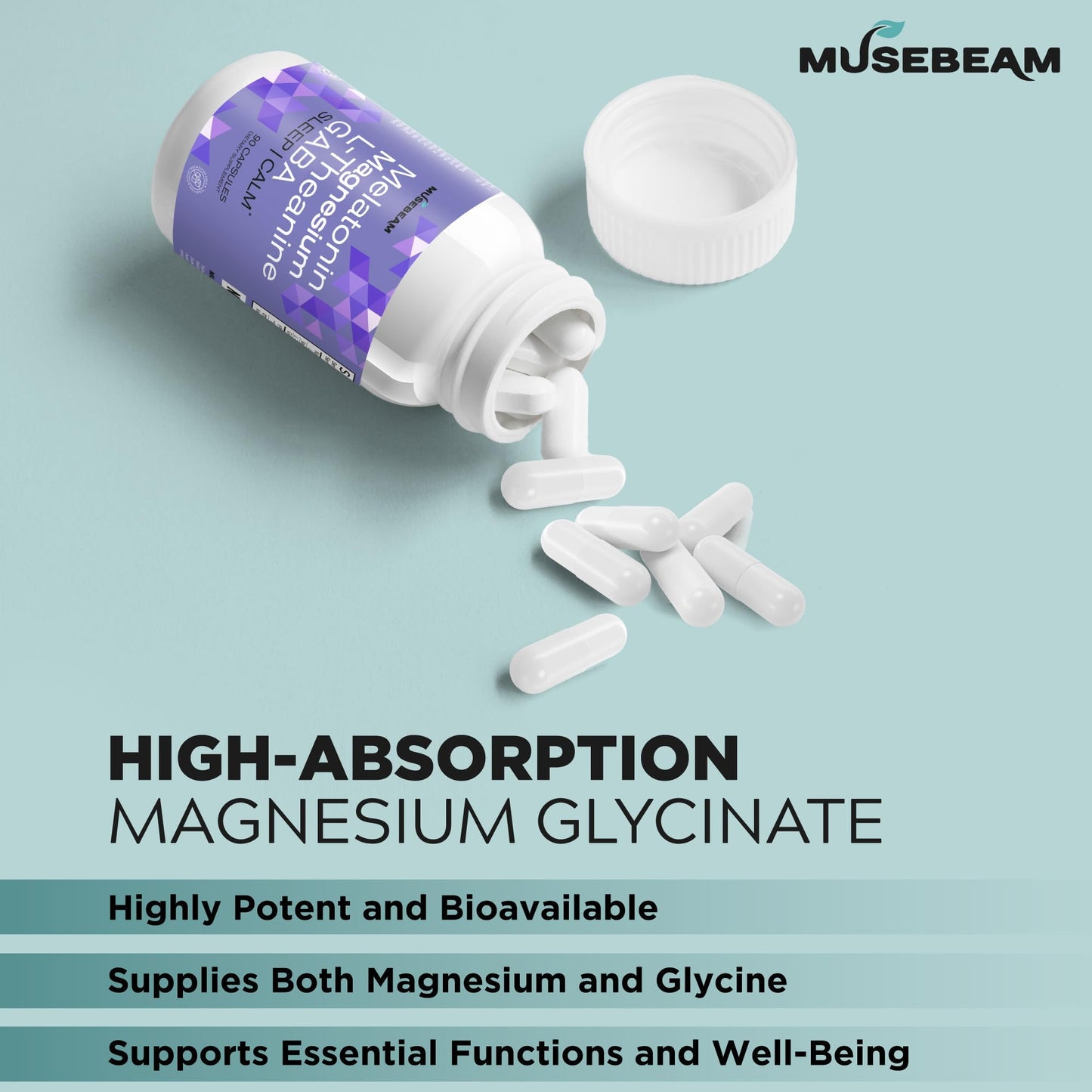 MuseBeam Magnesium Glycinate 275mg with Melatonin 5mg, L-Theanine 200mg & GABA 100mg Capsules, 90 Count