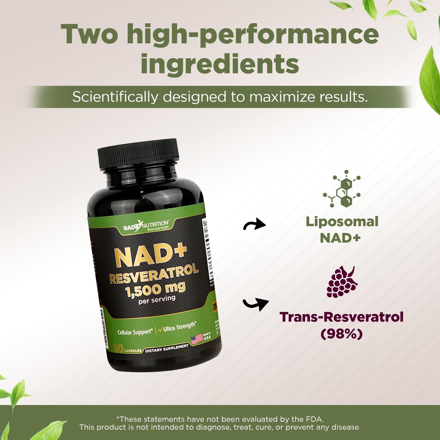 GADE NUTRITION BOOST YOUR HEALTH NAD Supplement with Resveratrol Nicotinamide Plus, 90 Capsules