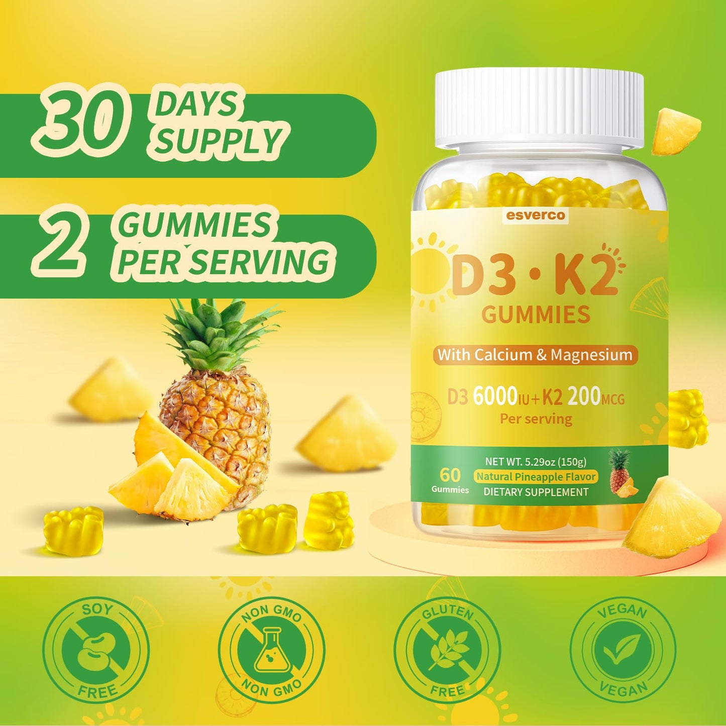 esverco Vitamin D3 K2 Gummies, 60 Count