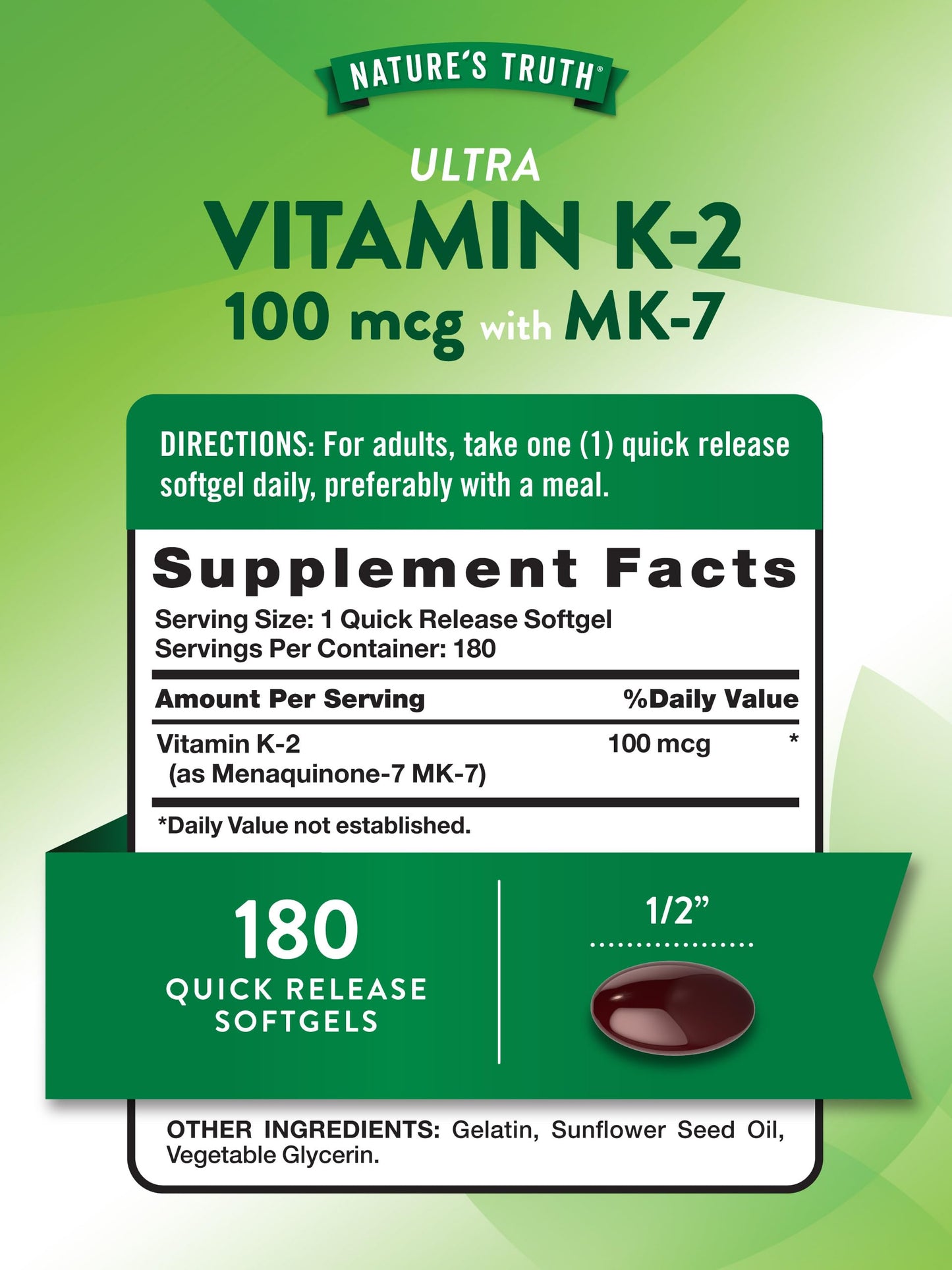 Nature's Truth Vitamin K2 MK-7 100 mcg 180 Softgels