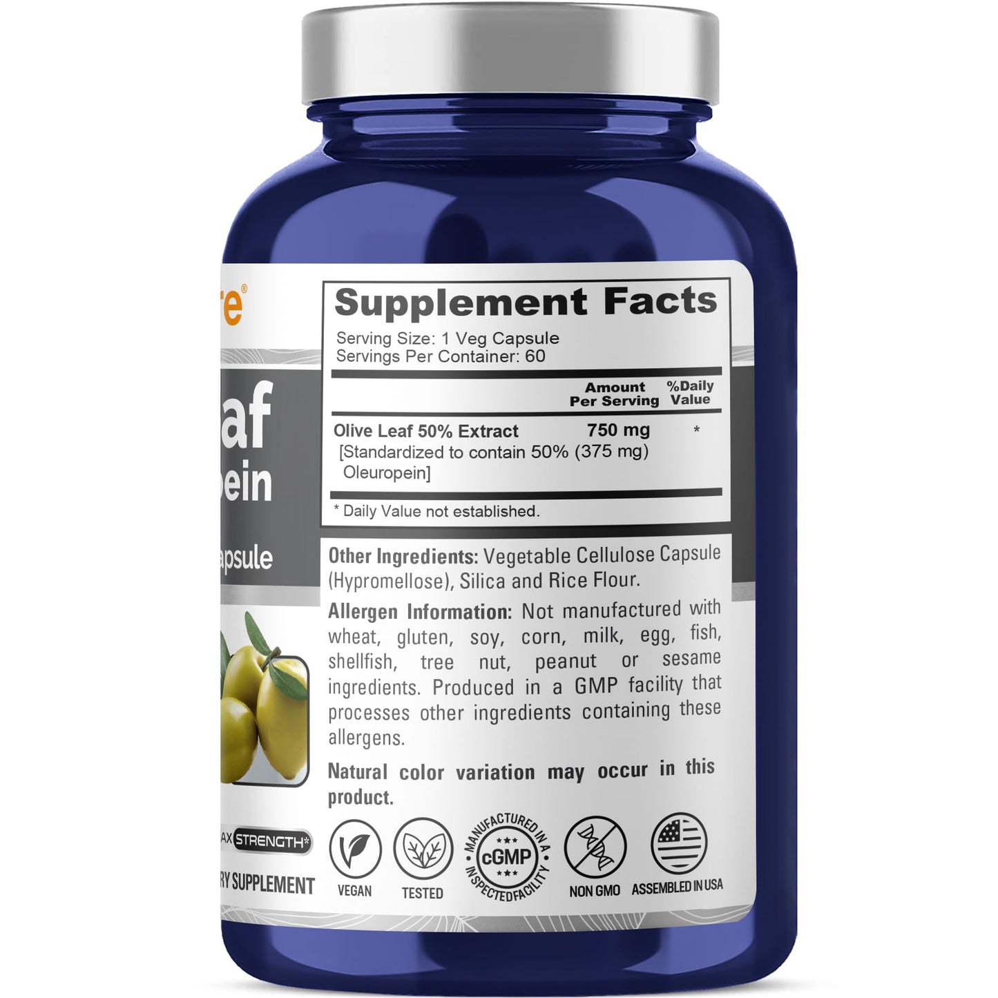 NusaPure Olive Leaf Extract 750 mg - 50% Oleuropein, 60 Capsules