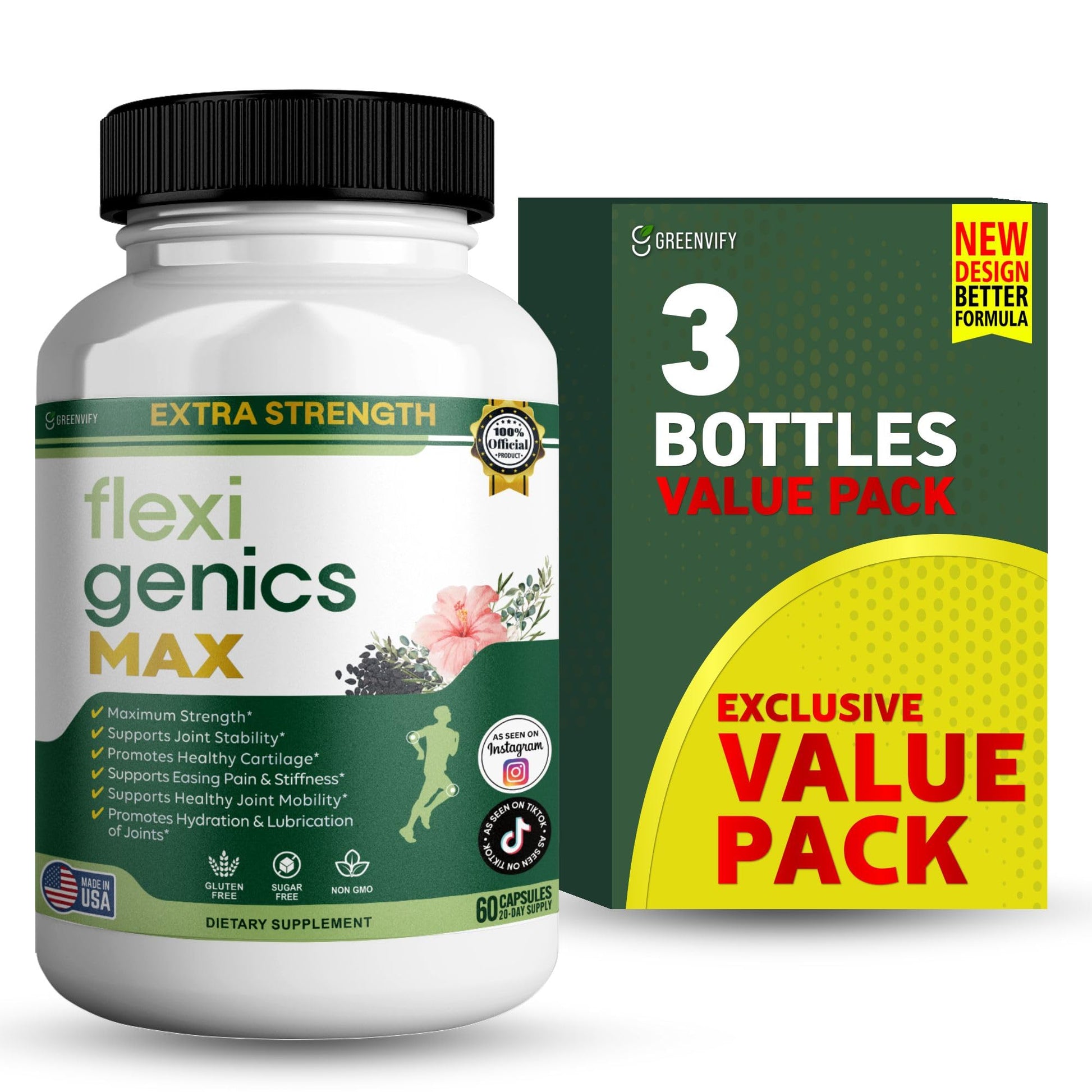 GREENVIFY Flexigenics Max Extra Strength Joint Support Supplement 1500mg Glucosamine Capsules, 180 Capsules