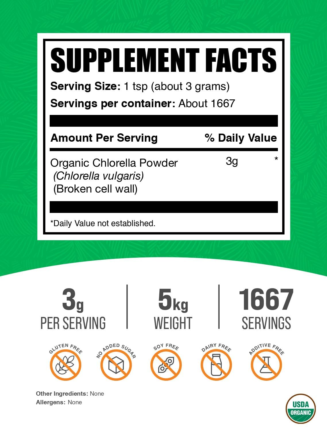 BulkSupplements Organic Chlorella Powder - Broken Cell Wall, Green Superfood, Gluten Free, 3g per Serving, 176.19 oz
