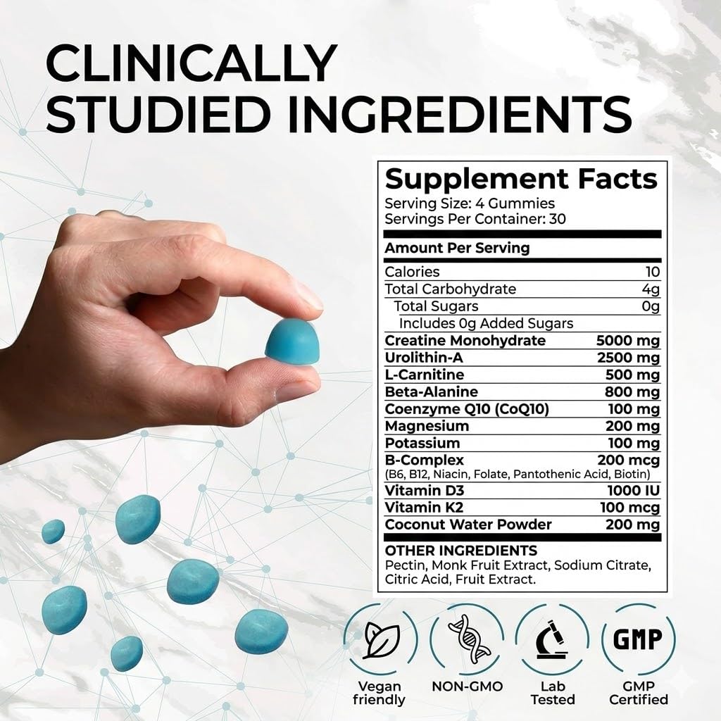 Teal Skyes Urolithin A 2500mg + Creatine 5000mg Gummies with CoQ10 & Magnesium – Sugar Free Vegan Muscle Strength, Recovery & Cellular Energy Support – 120 Count