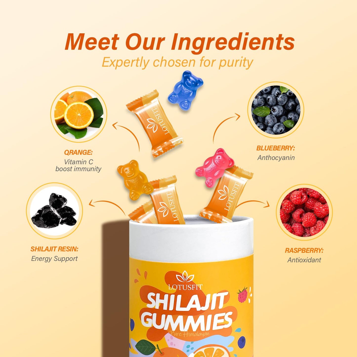 AUIXOPI Shilajit Gummies with Ashwagandha & Fulvic Acid – Mixed Berry & Citrus Flavored (Raspberry, Blueberry, Orange), 60 Gummies