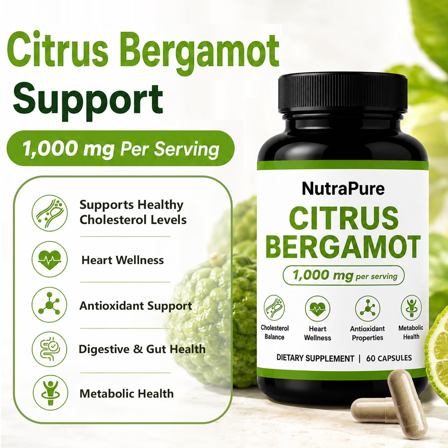 Halpilt Nutrapure Citrus Bergamot Capsules - 1000mg Per Serving, 60 Capsules
