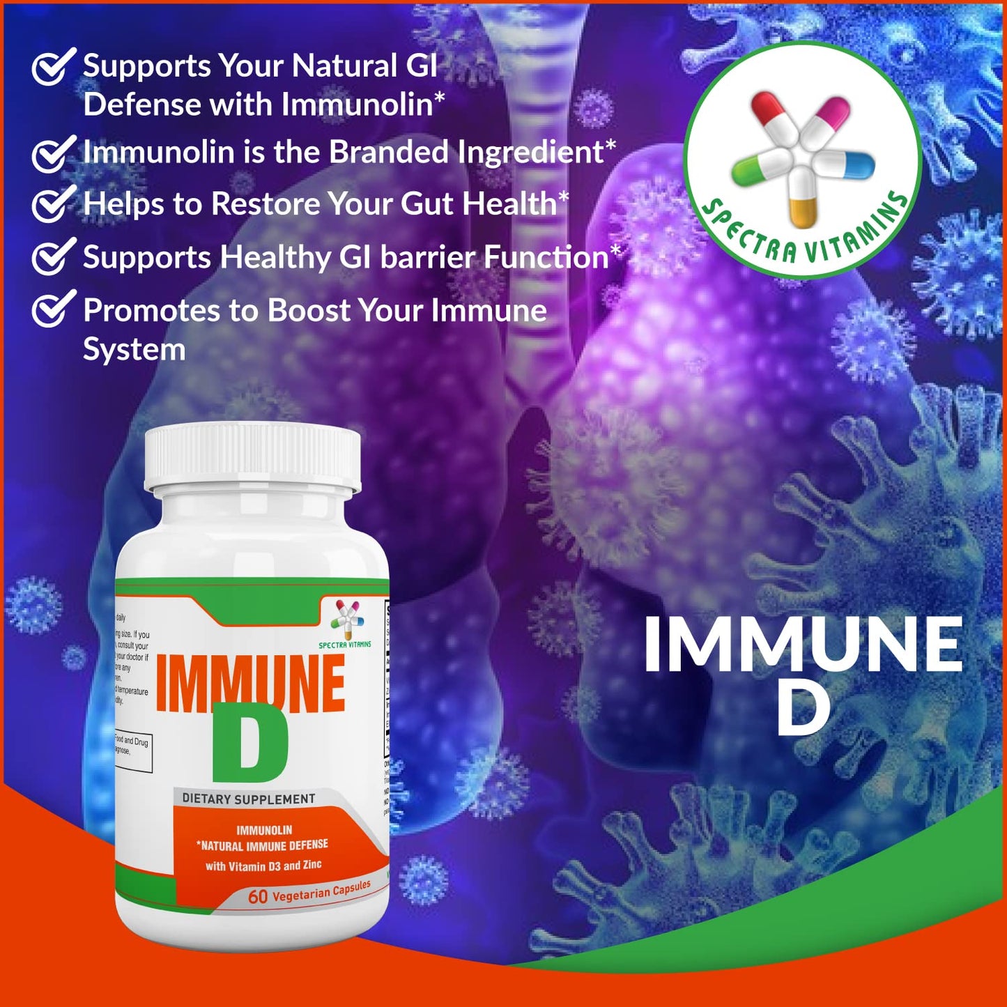 Spectra Vitamins Immune D Support Dietary Supplement with Immunolin, Vitamin D3, Zinc, Ellagic Acid, 60 Capsules