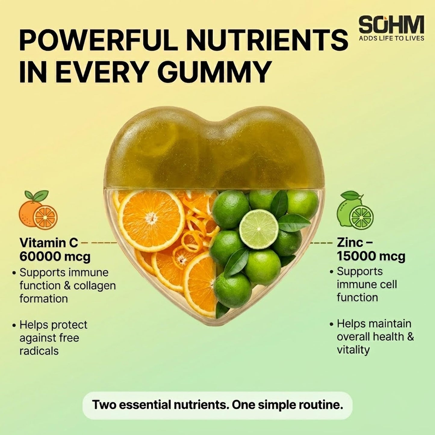 SOHM ADDS LIFE TO LIVES Vitamin C 60000 mcg + Zinc 15000 mcg Gummies for Adults, 60 Count