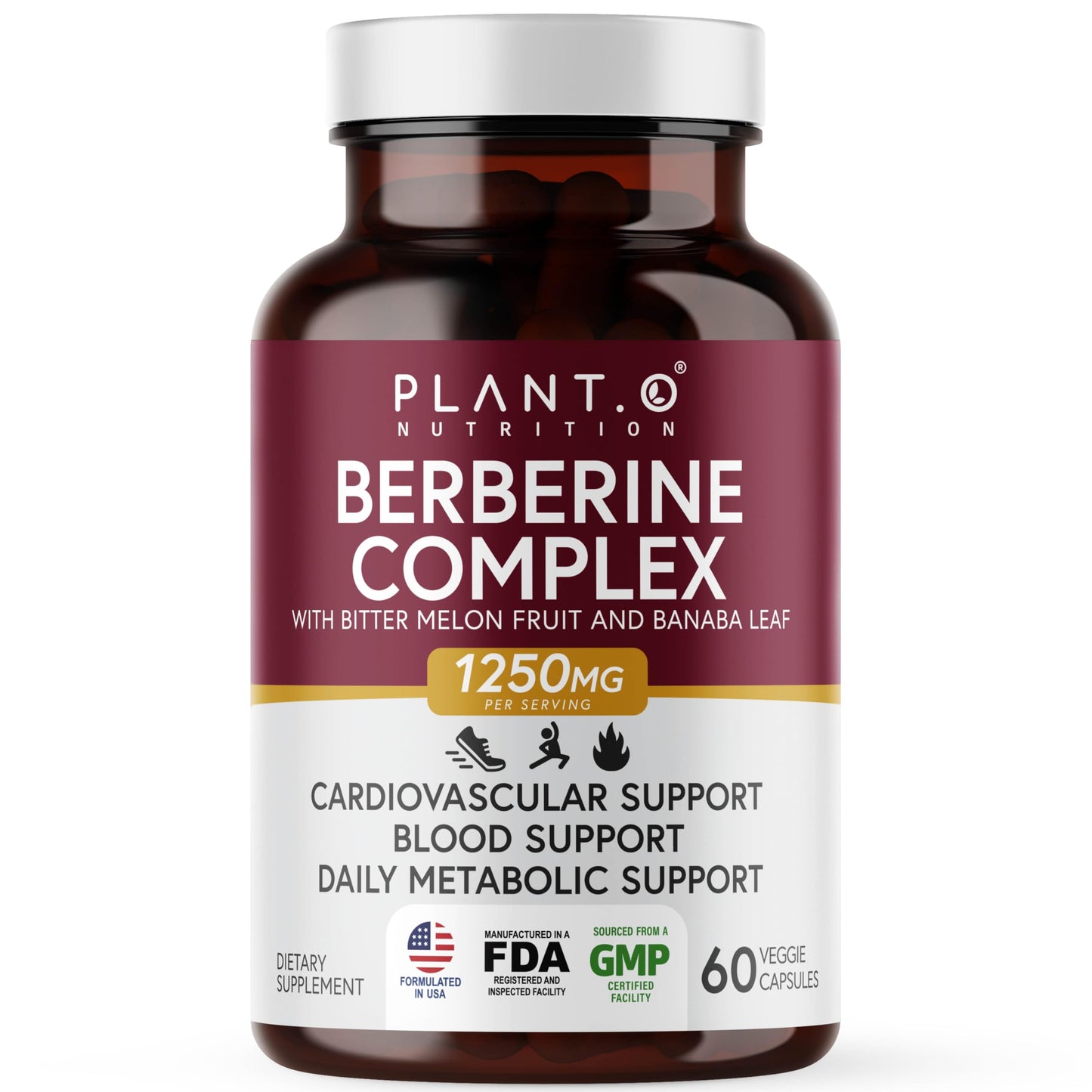 PLANT.O NUTRITION Berberine Supplement - 10xHigher Absorption Berberine HCI Complex with Bitter Lemon & Banaba Leaf - Cholesterol & Metabolic Clinically Researched Support, Non-GMO, 60 Capsules