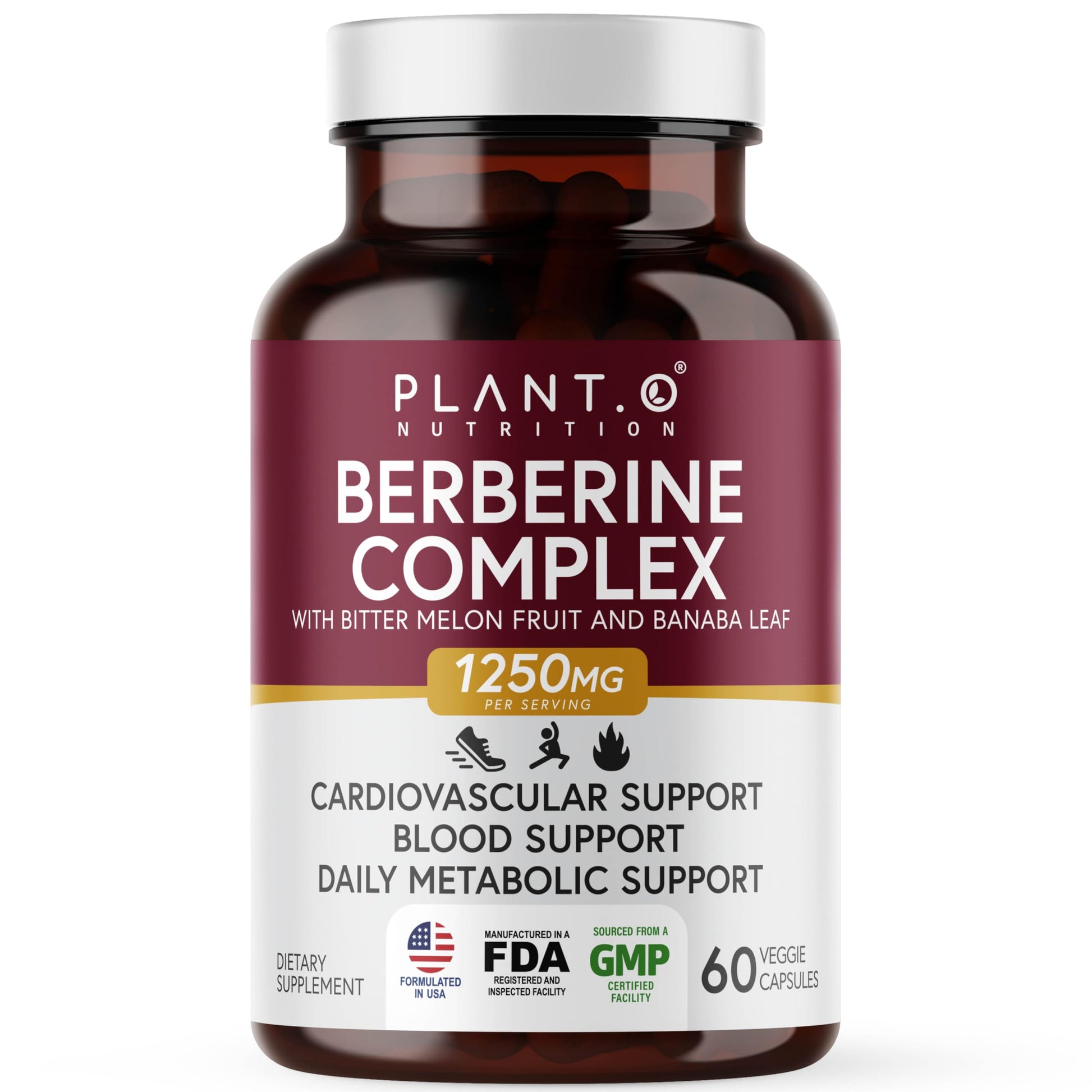 PLANT.O NUTRITION Berberine Supplement - 10xHigher Absorption Berberine HCI Complex with Bitter Lemon & Banaba Leaf - Cholesterol & Metabolic Clinically Researched Support, Non-GMO, 60 Capsules