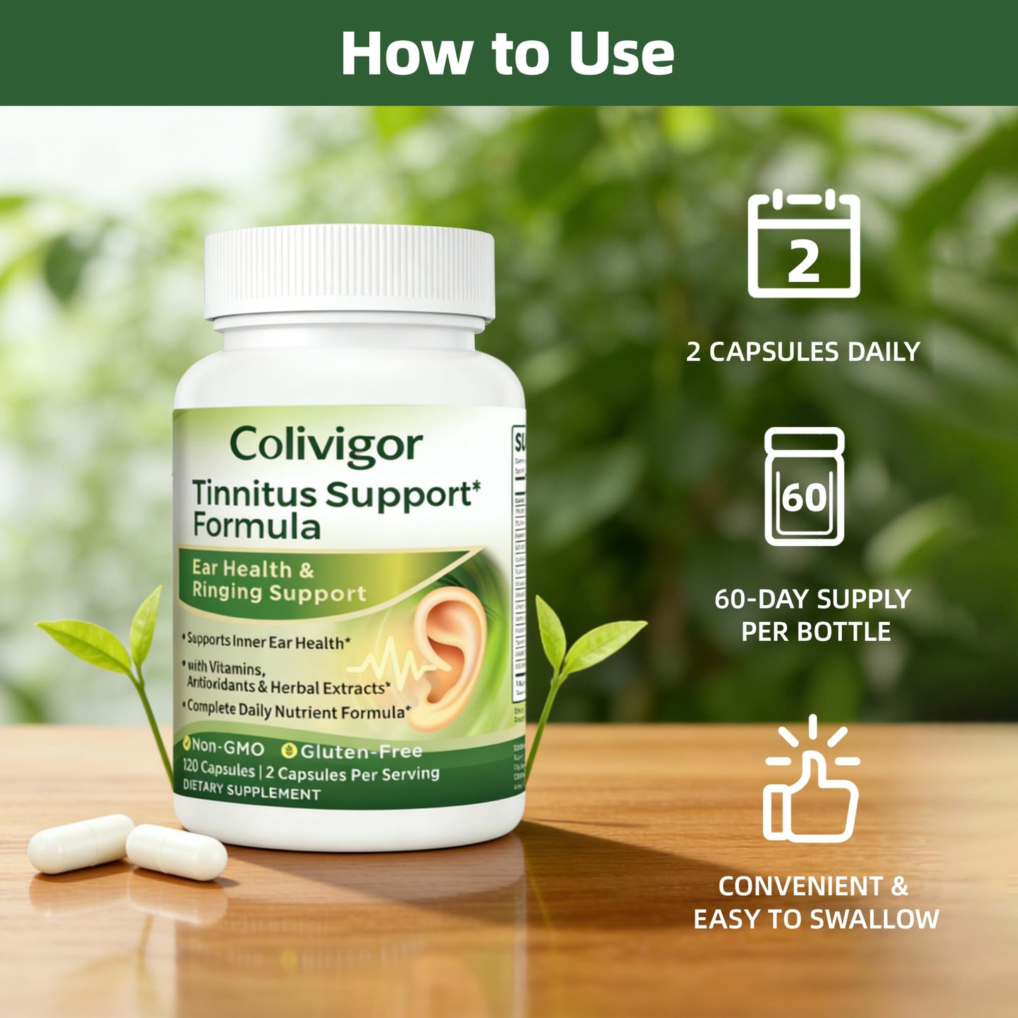 Colivigor Tinnitus Relief for Ringing Ears with Flavonoids, Vitamins, Inner Ear Health & Balance Support, 120 Capsules