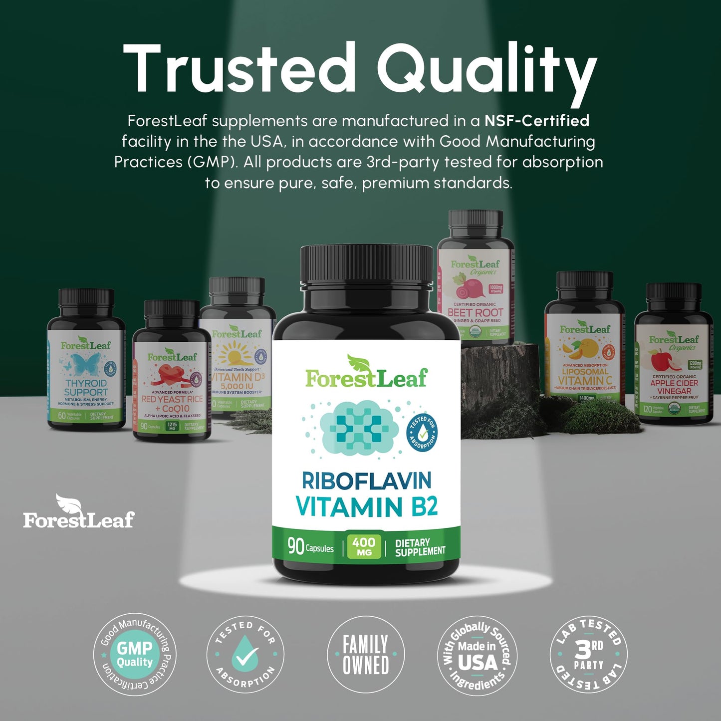 ForestLeaf Vitamin B2 Riboflavin 400mg Capsules, 90 Count