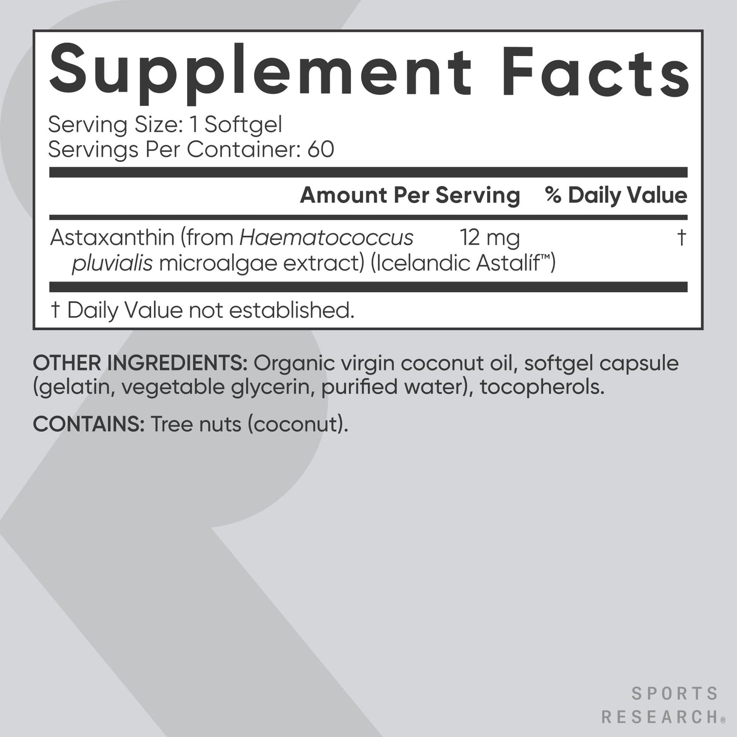 Sports Research Icelandic Astaxanthin 12mg w/Coconut Oil Softgel 60 Count