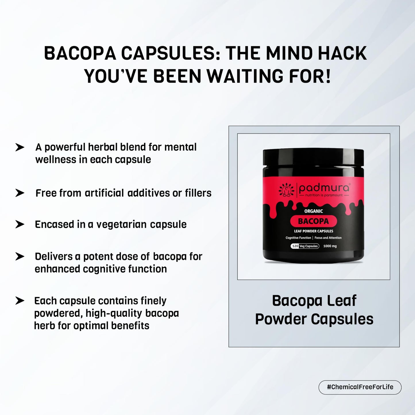 PADMURA Organic Bacopa Monnieri Leaf Powder Capsules, 120 Capsules