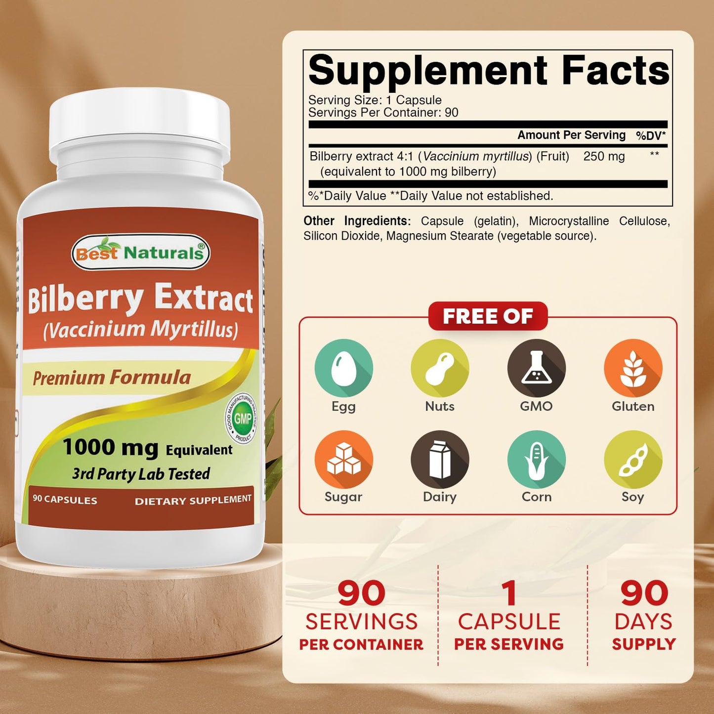 Best Naturals Bilberry Extract 1000mg Capsule, 90 Count